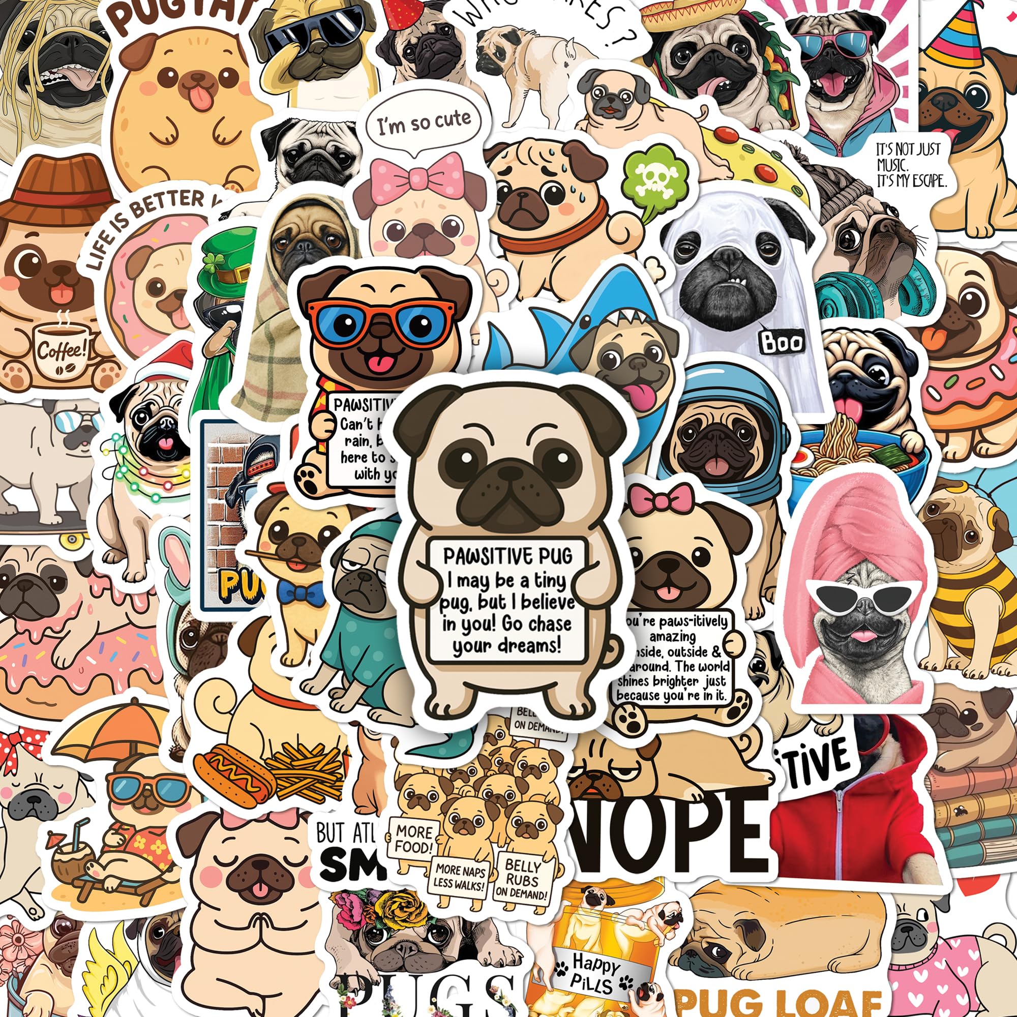 BEATRI Pug Stickers 50Pcs Pug Dog Waterproof Vinyl Decor & Party Favors for Laptop, Water Bottle, Skateboard & Travel Gear | Non-Repeating Decals,