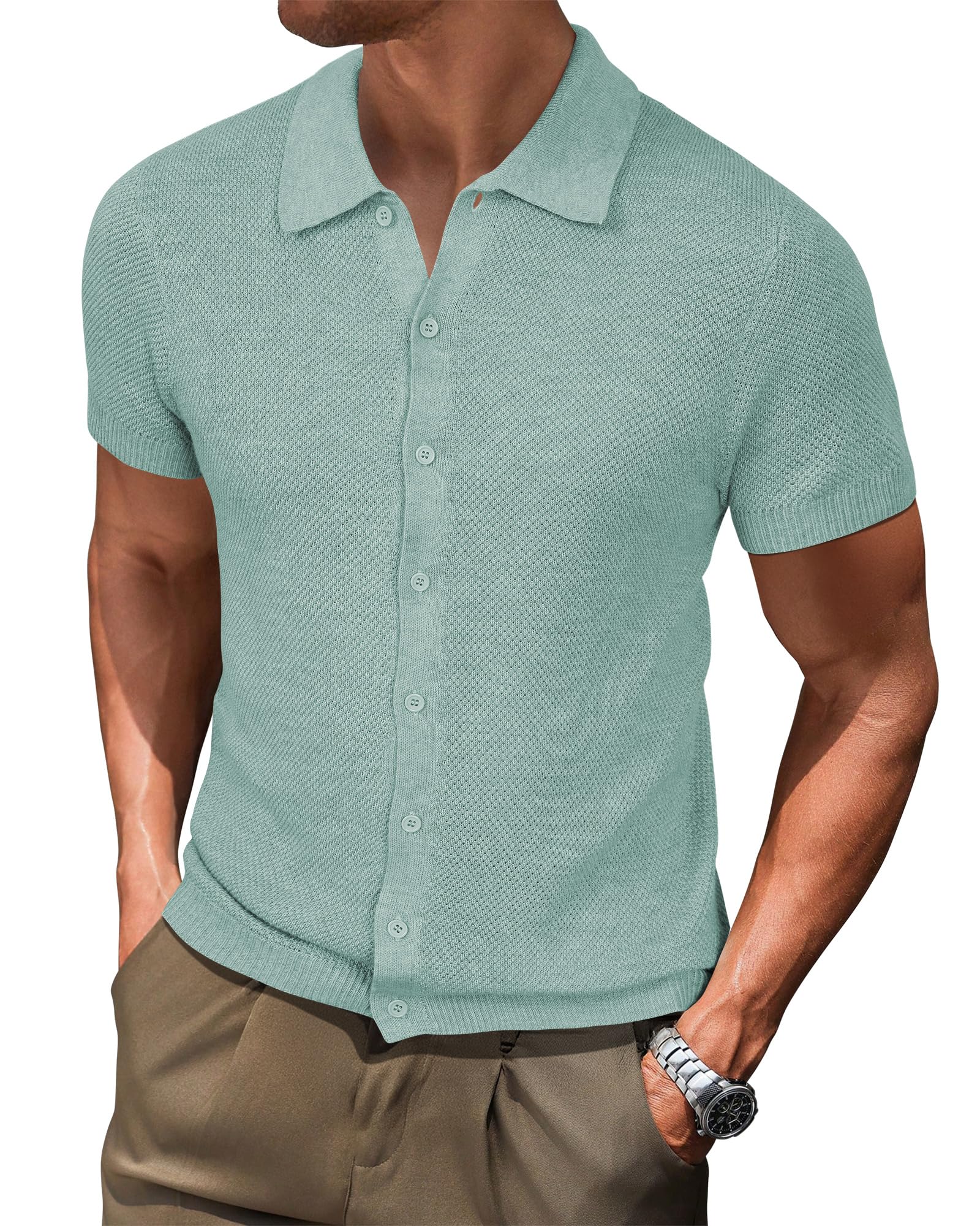 Arach&Cloz Mens Wool Blended Button Down Short Sleeve Sweater Knit 2025 Summer Fashion Dress Shirts Casual Business Golf