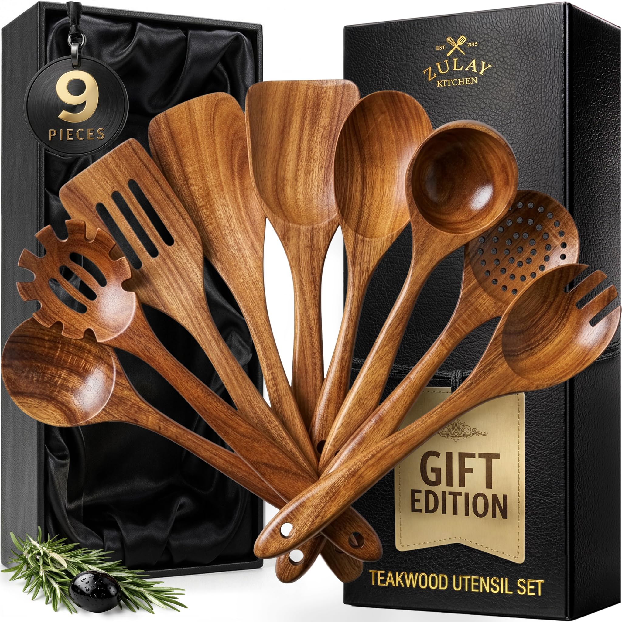 Zulay Kitchen 9-Piece Teak Wooden Utensils