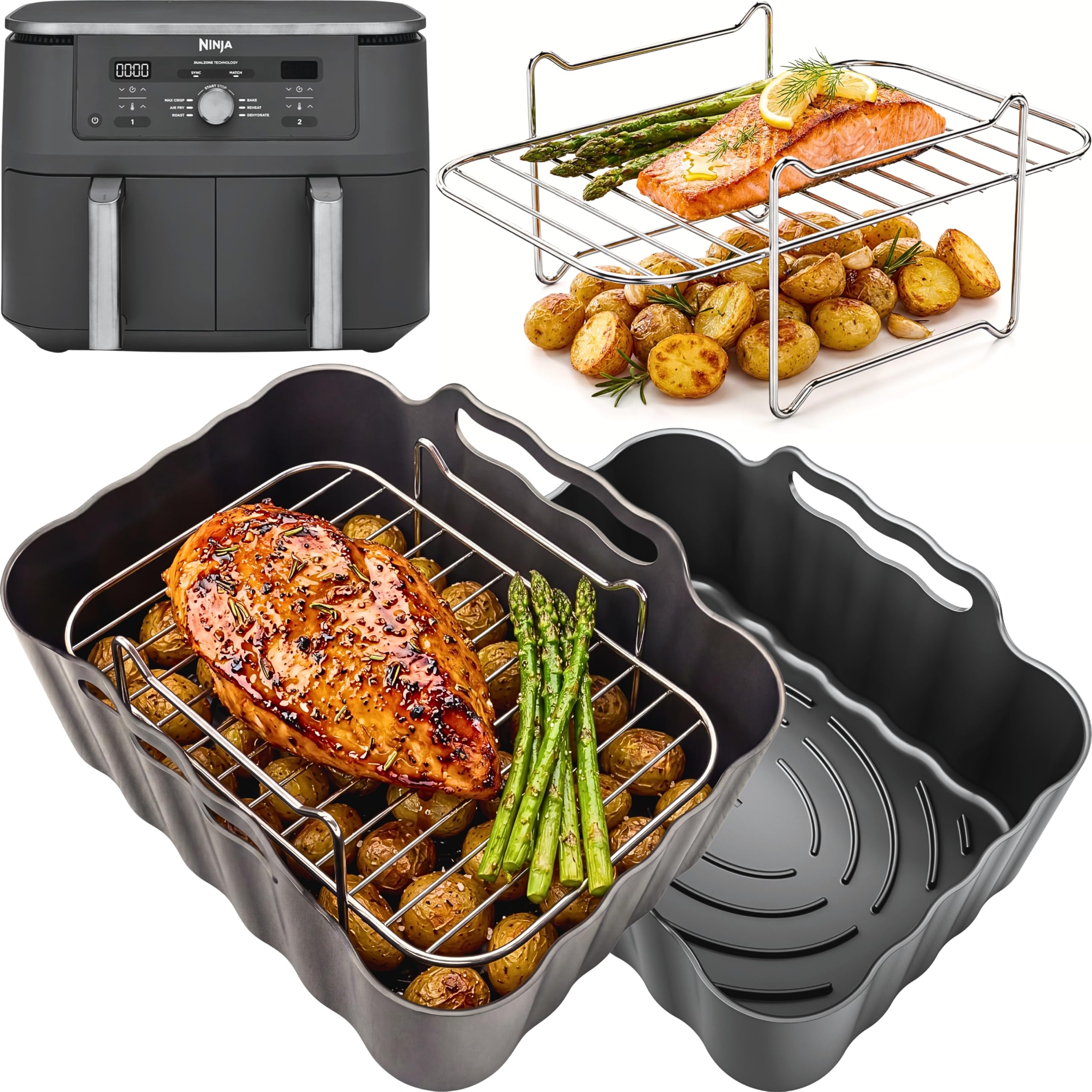Ninja DZ400UK Accessories | 2 Silicone Liners & 2 x 304 Stainless Steel Racks + 4 Skewers | Non-Stick, Dishwasher Safe | 8PCS Ninja DZ400UK Accessories | by iStock Ltd