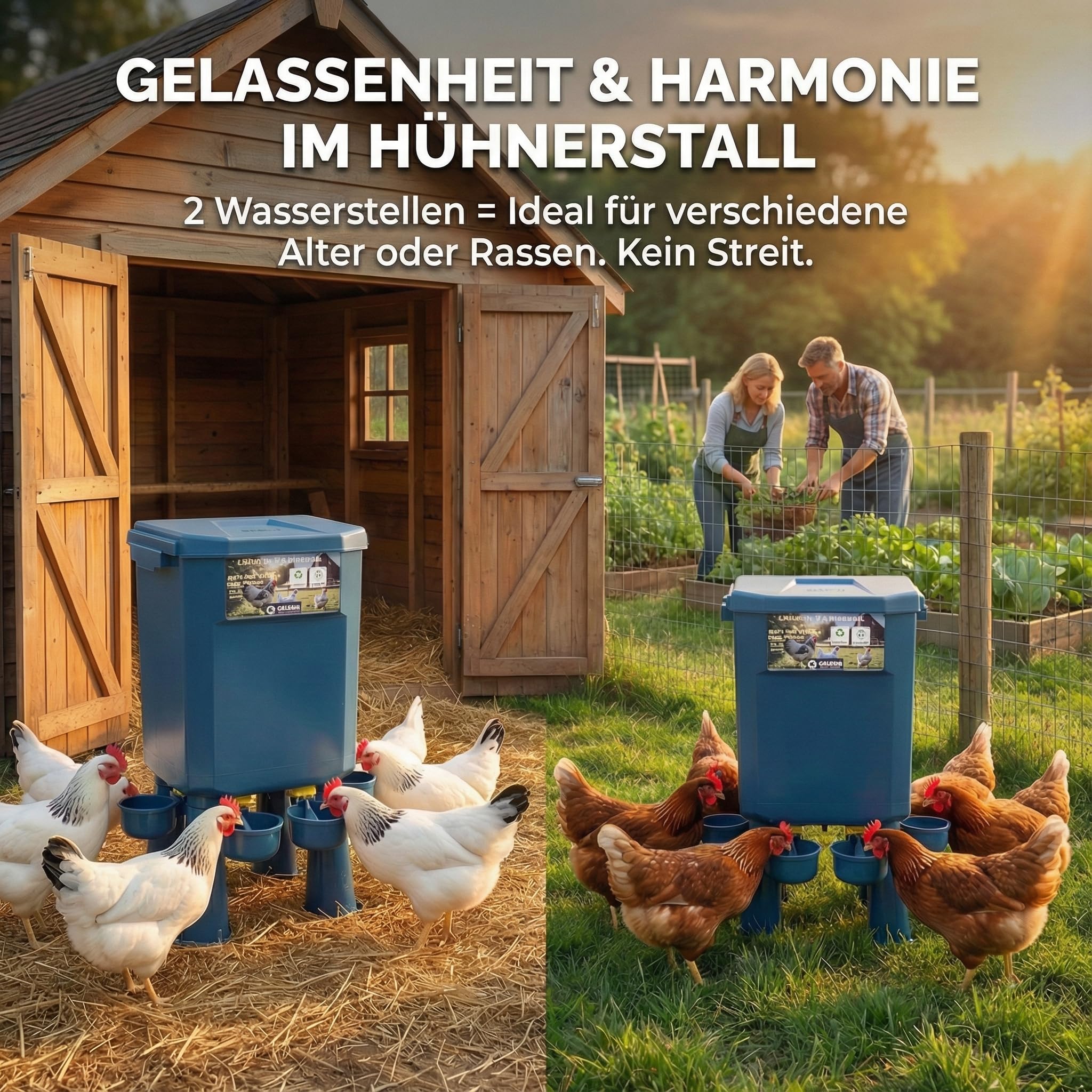Kit 2 Hühner-Tränken 11L/7L – Wasser sparend, Automatikventil, Null Konflikte in Multi-Gehegen, Anti-Cyanobakterien, Ideal für Mikro-Farmen & Hobbybetriebe, BPA-frei, Langlebige Materialien