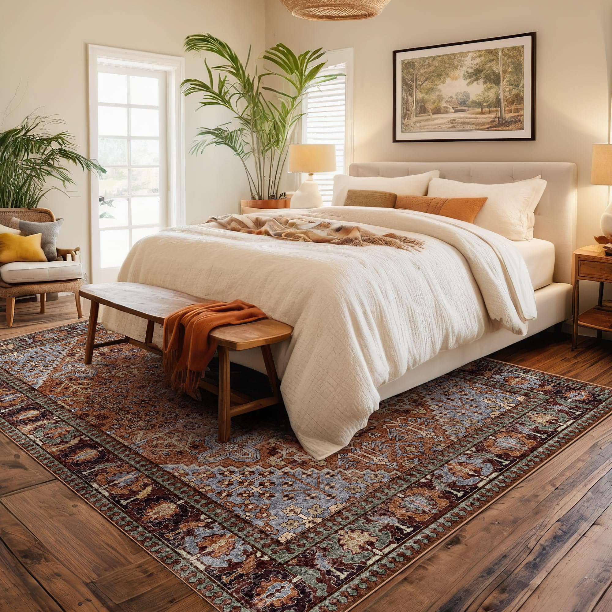 Photo 1 of 4x6 Sienna Brown Area Rugs for Living Room, Machine Washable Low Pile Rug, Non Slip Backing Boho Rugs for Bedroom, Soft Vintage Carpet