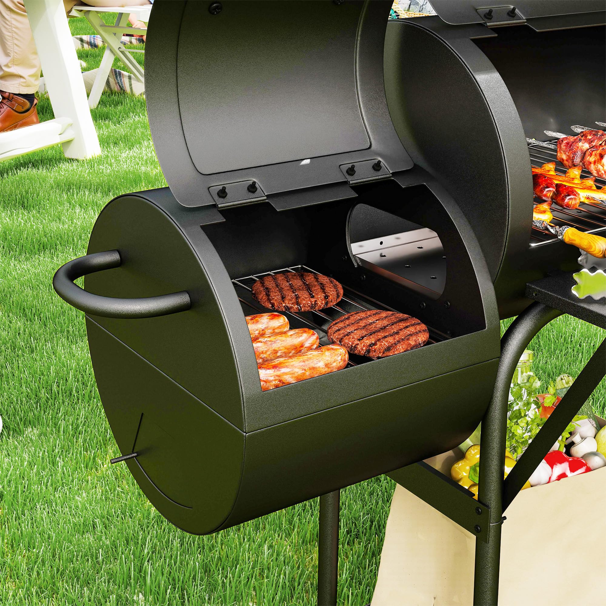 Outsunny Grill na węgiel drzewny ze stali, BBQ Smoker z pokrywką, termometr, kółka, wózek na kółkach z dopływem powietrza, pojemnik na węgiel węglowy, na kemping, do ogrodu, 109 x 60 x 120 cm