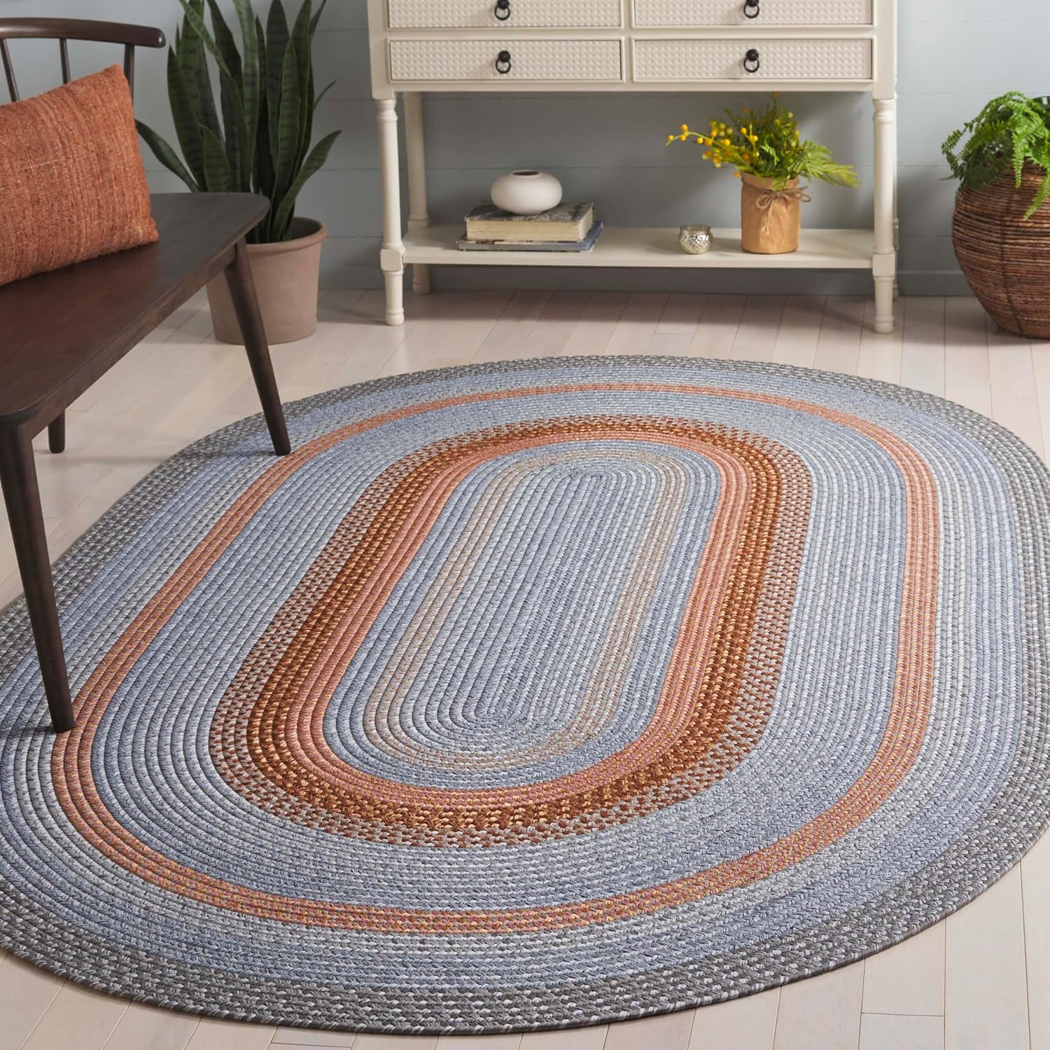 SAFAVIEH Washable Rug Outdoor Braided Collection - 6' x 9' Oval, Grey & Rust, Handmade & Reversible, Non-Shedding & Easy to Clean, Ideal for Patio, Backyard, Mudroom (BRD314G)