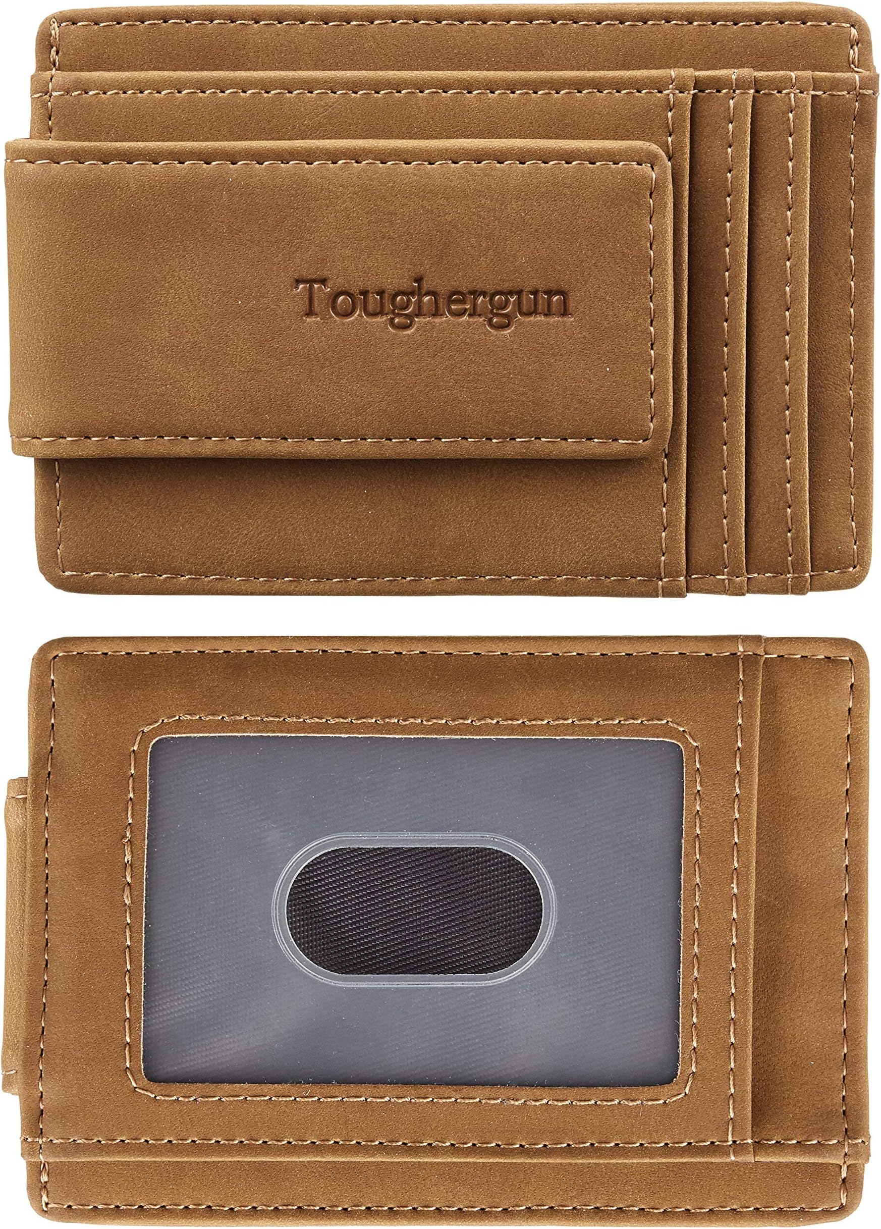 Genuine Leather Magnetic Front Pocket Money Clip Wallet RFID Blocking(Khaki)