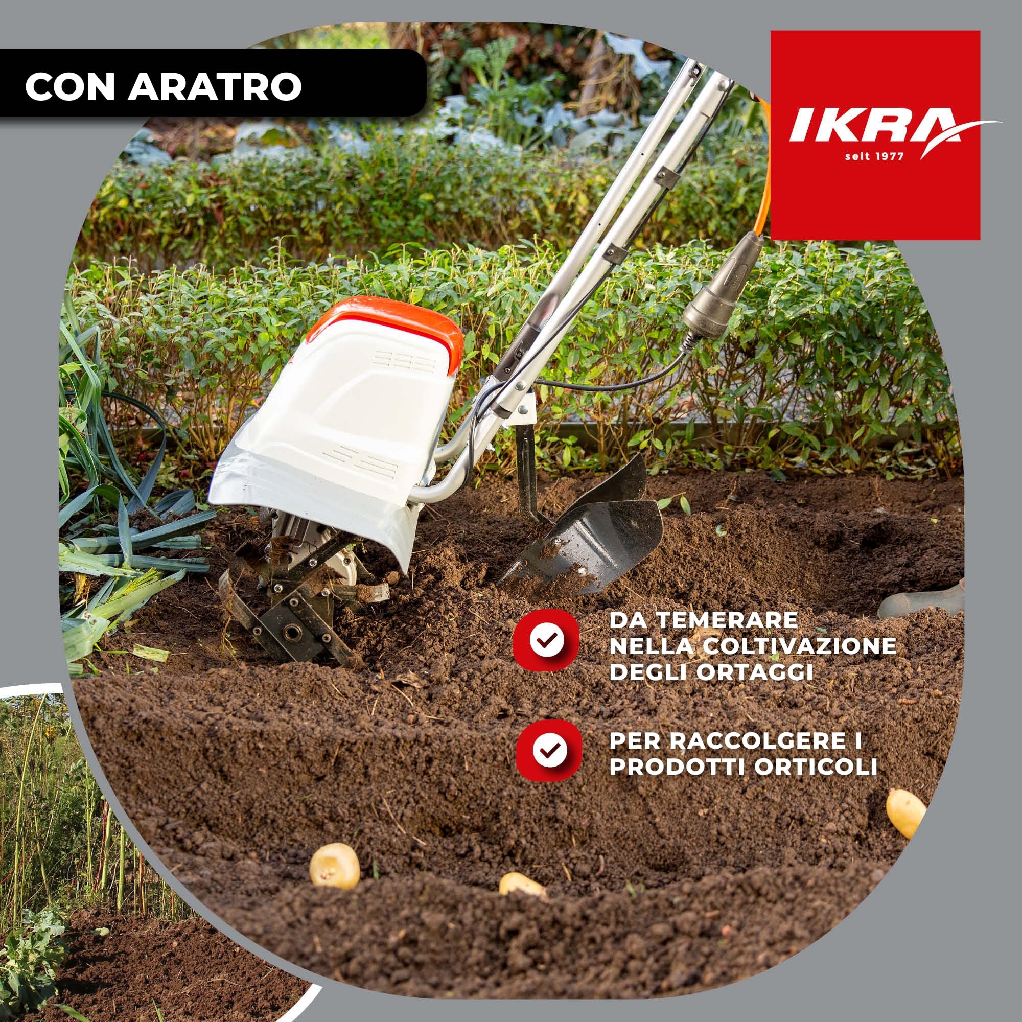 IKRA motozappa FEM 1500, larghezze 17, 30 e 45 cm, aratro per rincalzatura | Zappatrice elettrica, 1500 W, profondità 23 cm, sperone frenante, ruota di trasporto, pieghevole, protezione da sovraccarico