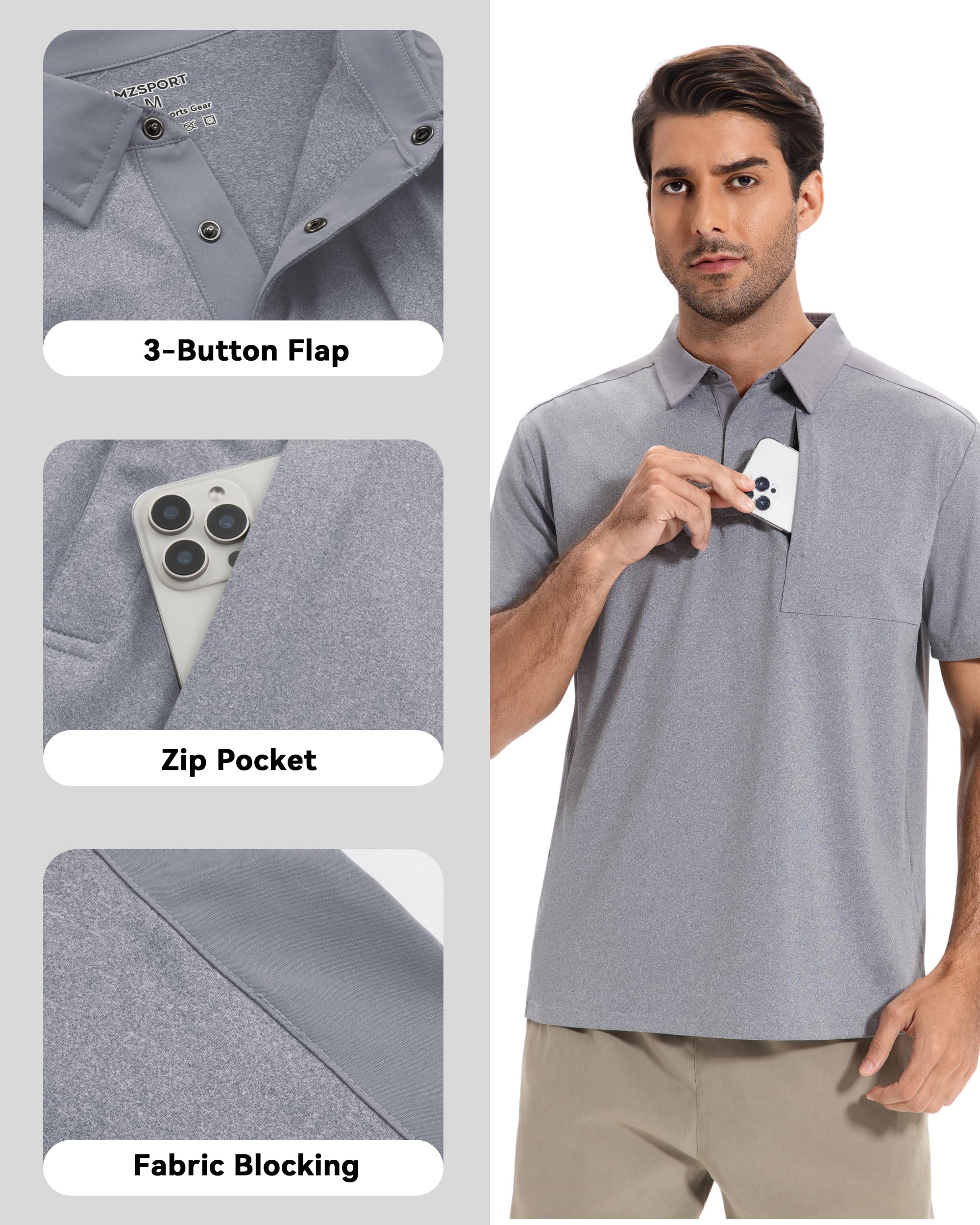 AMZSPORT Polos Manga Corta Hombre con Bolsillo Secado Rápido Transpirable Camisas Trabajo Hombre Verano Deporte Camiseta