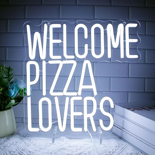 Letrero de neón con texto en inglés "Welcome Pizza Lovers Neón", letrero de luz de neón con luz LED para pizza, letrero de bienvenida, alimentado