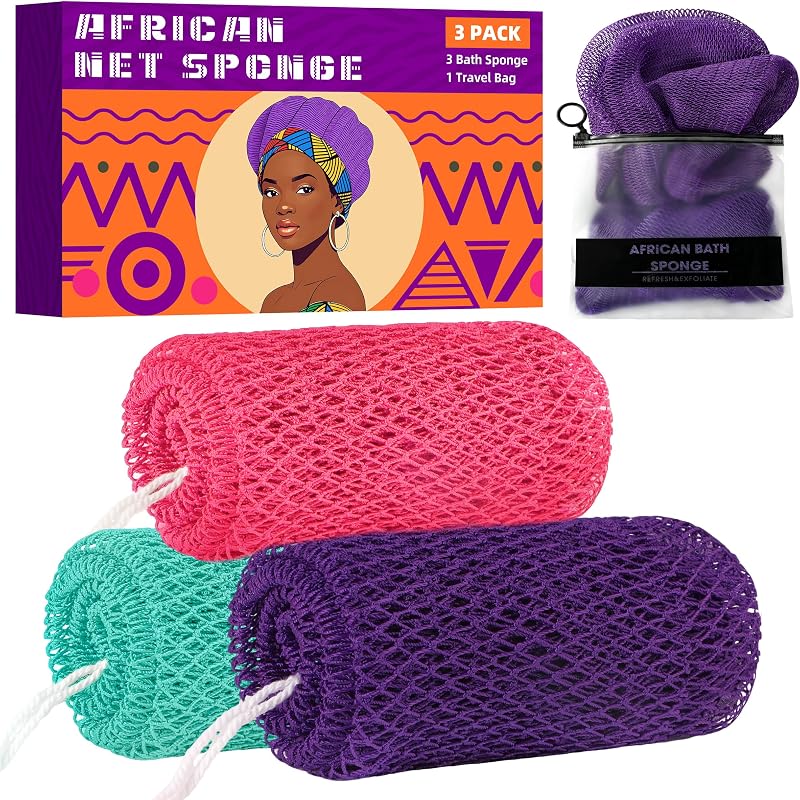 BHYTAKI Esponja de Rede Africana para Banho com 3 Unidades, Nylon, Cores Rosa, Roxo e Seawave, com Bolsa de Viagem