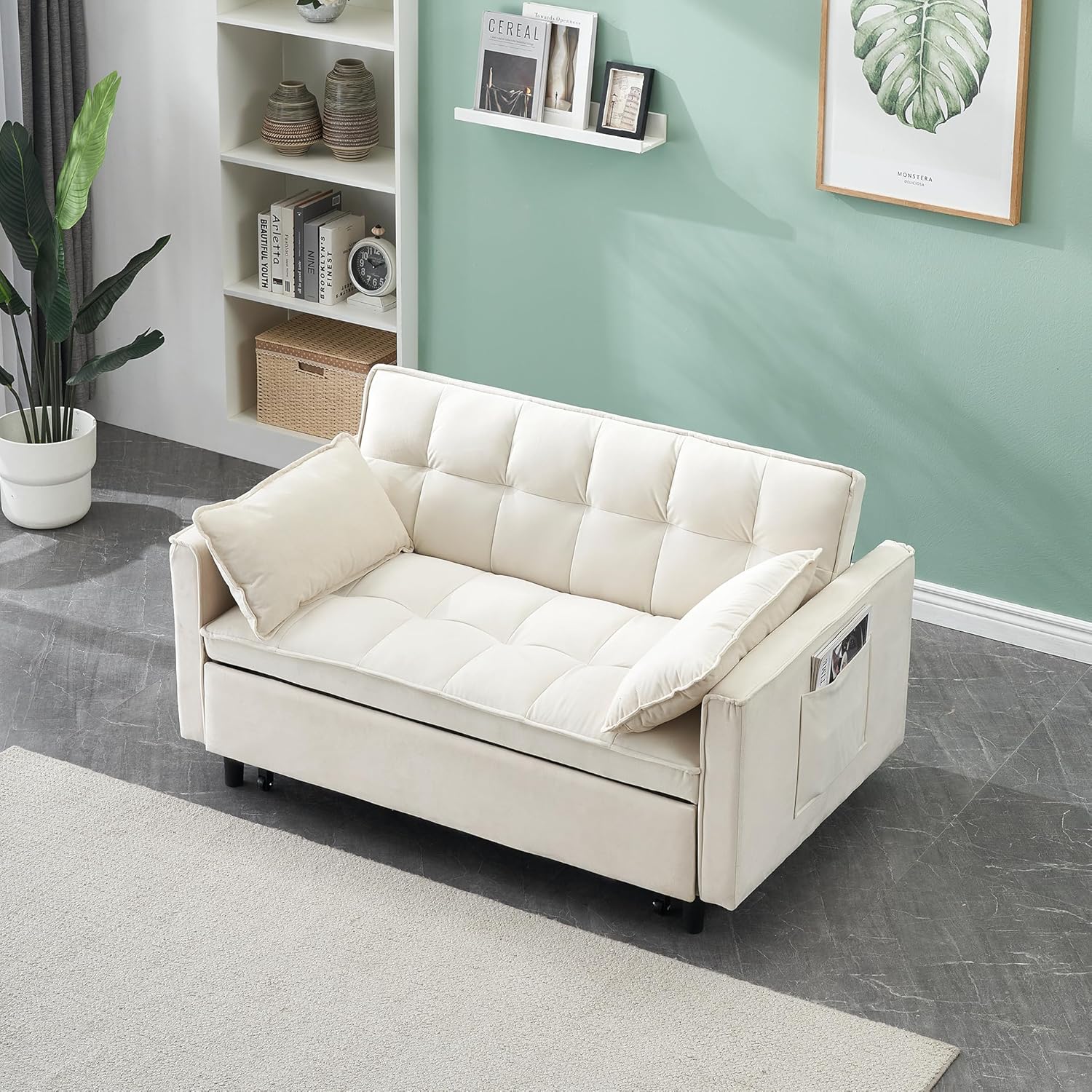 55" Modern Velvet Loveseat Sleeper Sofa, 3-in-1 Convertible Pull-Out Bed with Adjustable Backrest, 2 Pillows & Side Pockets, Small Pull Out Couch for Living Room, Apartment(Beige)