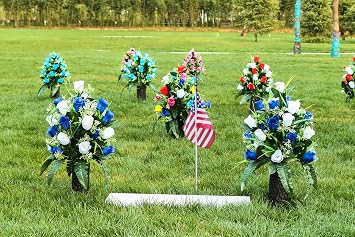 LVXINLI 2 Sets Artificial Cemetery Flowers,Outdoor Grave Decorations Roses,Beautiful Arrangements Bouquet with Cemetery Vase,Lasting and Non-Bleed Colors (White+Dark Blue)