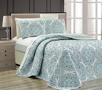 Mk Collection 3pc Queen Oversize Reversible Quilted Bedspread Set Floral Light Blue White Gray Navy Blue New