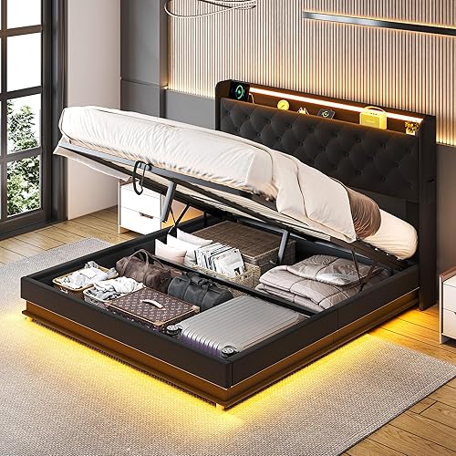 Miniatura 12 de Cama Queen con almacenamiento abatible, cama de plataforma tapizada con cabecero acolchado con botones y almacenamiento, estructura de cama tamaño