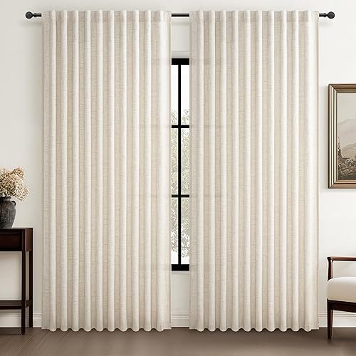 Miniatura 28 de Juego de 2 paneles de cortinas y cortinajes semitransparentes de lino mezcla natural de 84 pulgadas de largo, para sala de estar, cortinas plisadas
