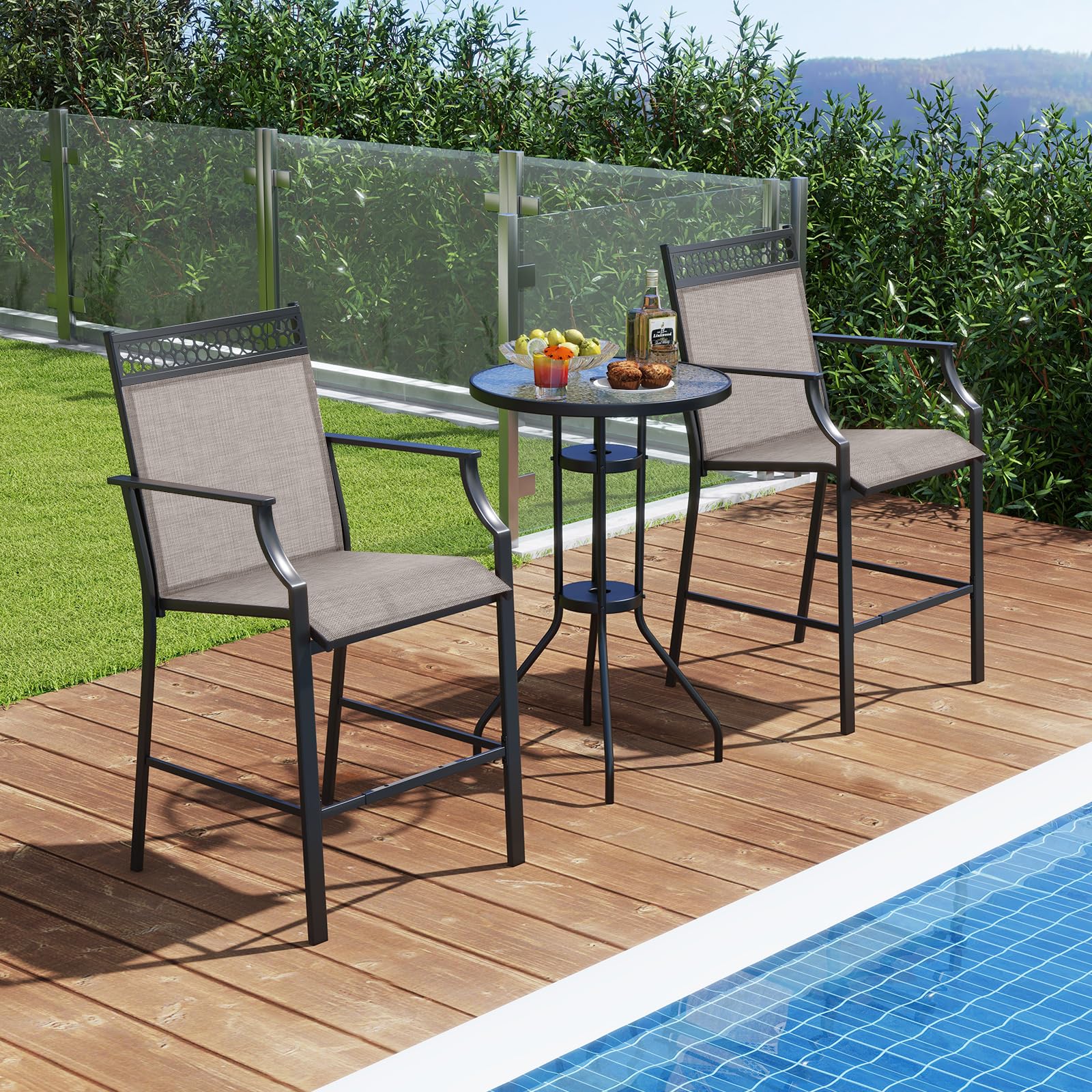 COSTWAY Lot de 2 Chaises de Jardin, Chaises de Salle à Manger à Dossier Haut, Fauteuil d'Extérieur en Métal et en Teslin à Séchage Rapide, Tabourets de Bar, Charge 180 KG (66 x 62 x 114 cm,Café)