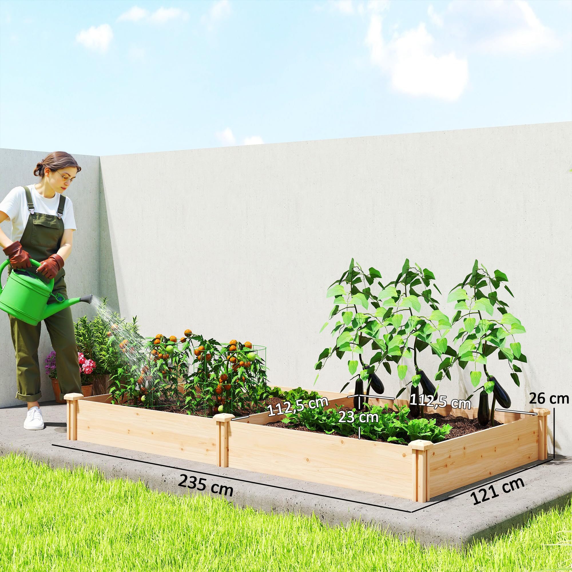 Outsunny Jardinera Elevada de Madera, Huerto Urbano para Cultivar Plantas, Macetero Exterior con Divisor y Base Abierta, Pintura DIY, para Jardín, Terraza, 235x121x26 cm, Natural