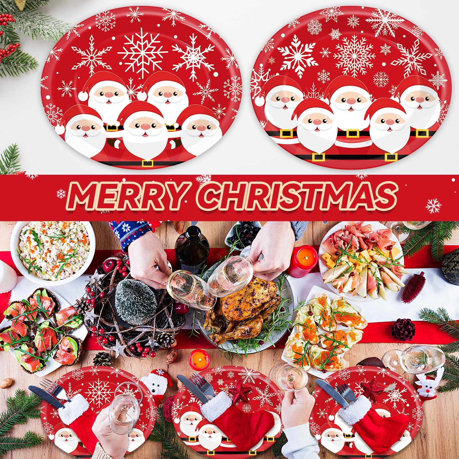 Lonfliness 50 platos de papel ovalados de Navidad, suministros de fiesta de Navidad, Papá Noel, copo de nieve, juego de vajilla de invierno, vacaciones, cena, postre, decoración para niños y niñas