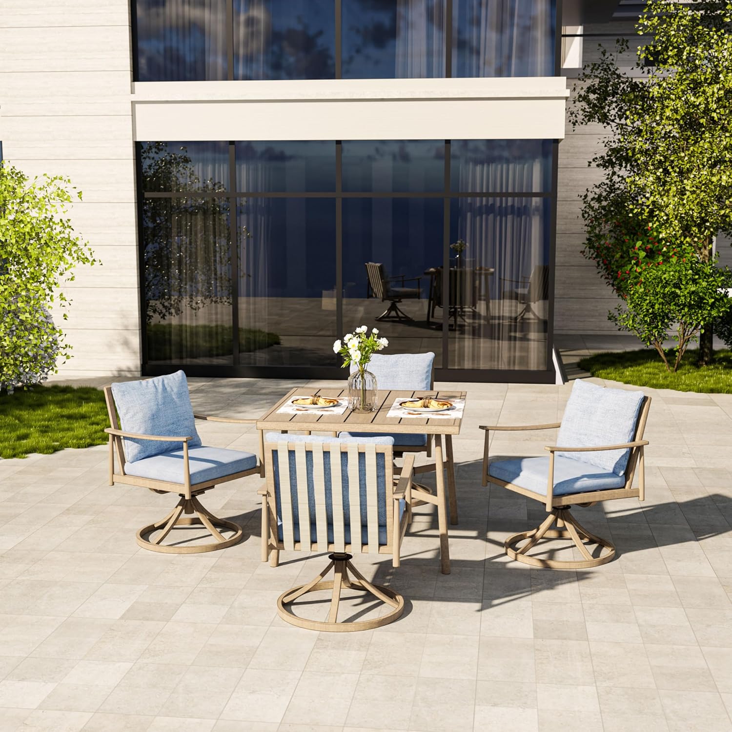 HAPPATIO Outdoor Dining Set 5 PCS, Aluminum Patio Dining Set Includes 1 Large Square Table with Umbrella Hole & 4 Swivel Dining Chairs, Patio Furniture Set for Lawn, Porch, Backyard (Brown)