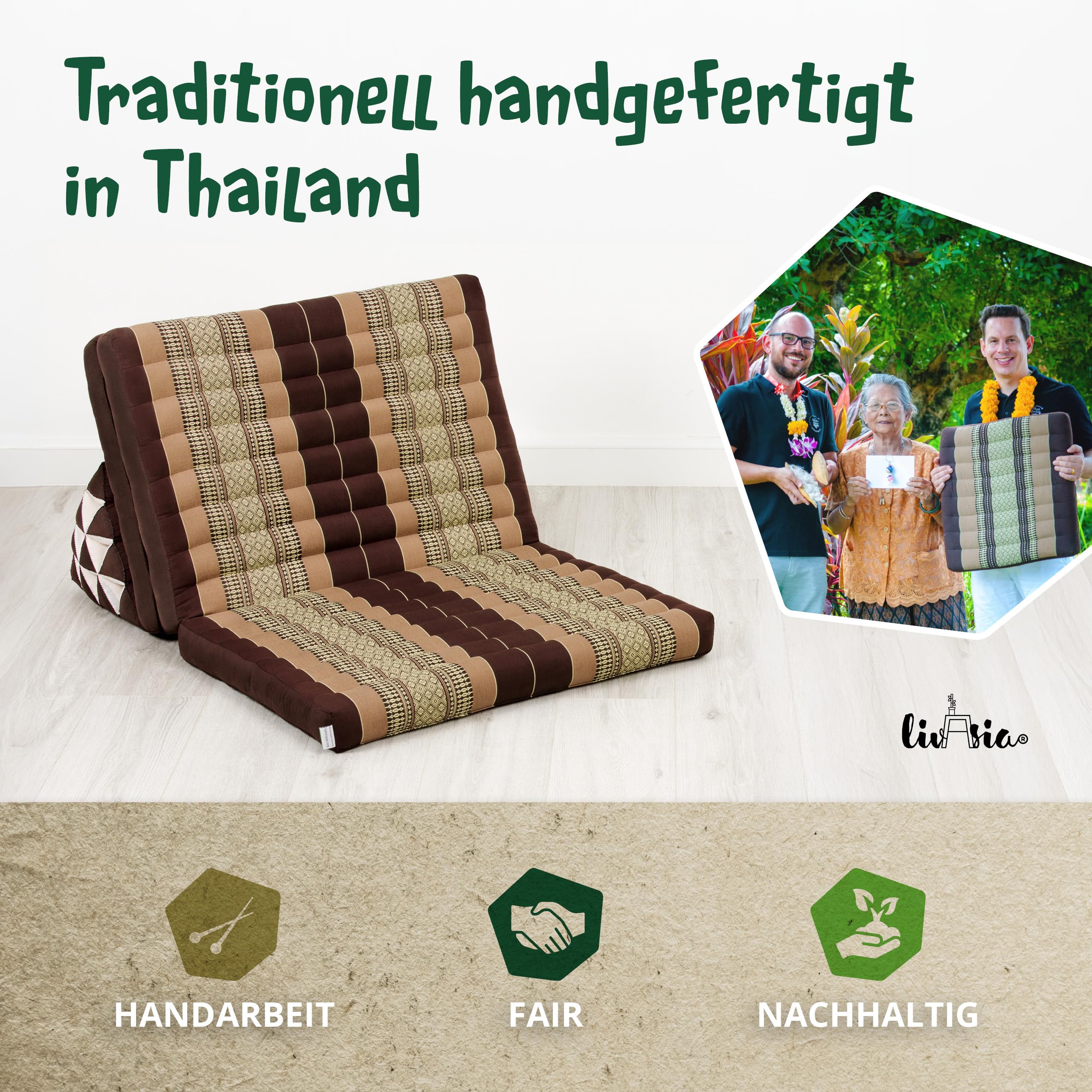 livasia Thaikissen 3 Auflagen für Paare XXL - 190x80x8cm - Dreieckskissen Klappmatratze, extrabreit Kapok, Rückenkissen faltbar, Thaimatte zum Klappen, Meditationskissen (Braun)