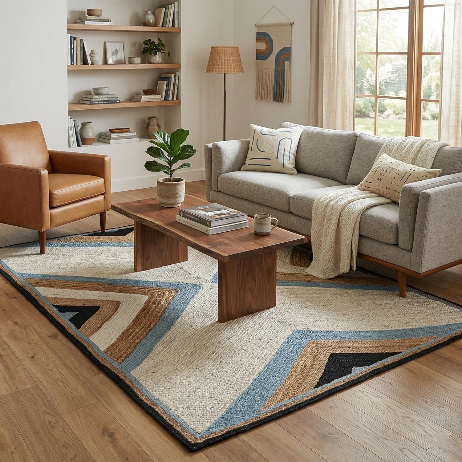 Premium Quality Jute Rug 12x15 Feet Area Rug Natural Fiber Jute Rugs Thick 0.27" Geometric Blue & White Rugs for Living Room, Kids Room, Home/Office Decor Carpet