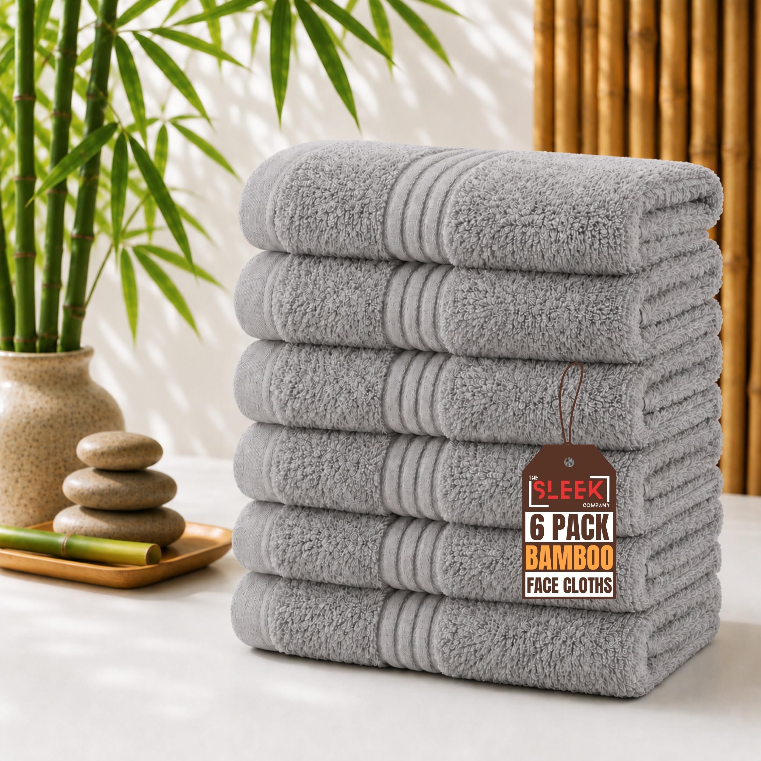 Luxury 700 GSM Bamboo Face Cloths (33x33 cm) – Pack of 6 – Soft, Hypoallergenic & Antibacterial Wash Cloth – Absorbent & Quick Dry Face Towels – Ideal for Home, Hotel, Gym, Skincare & Spa (Light Grey)