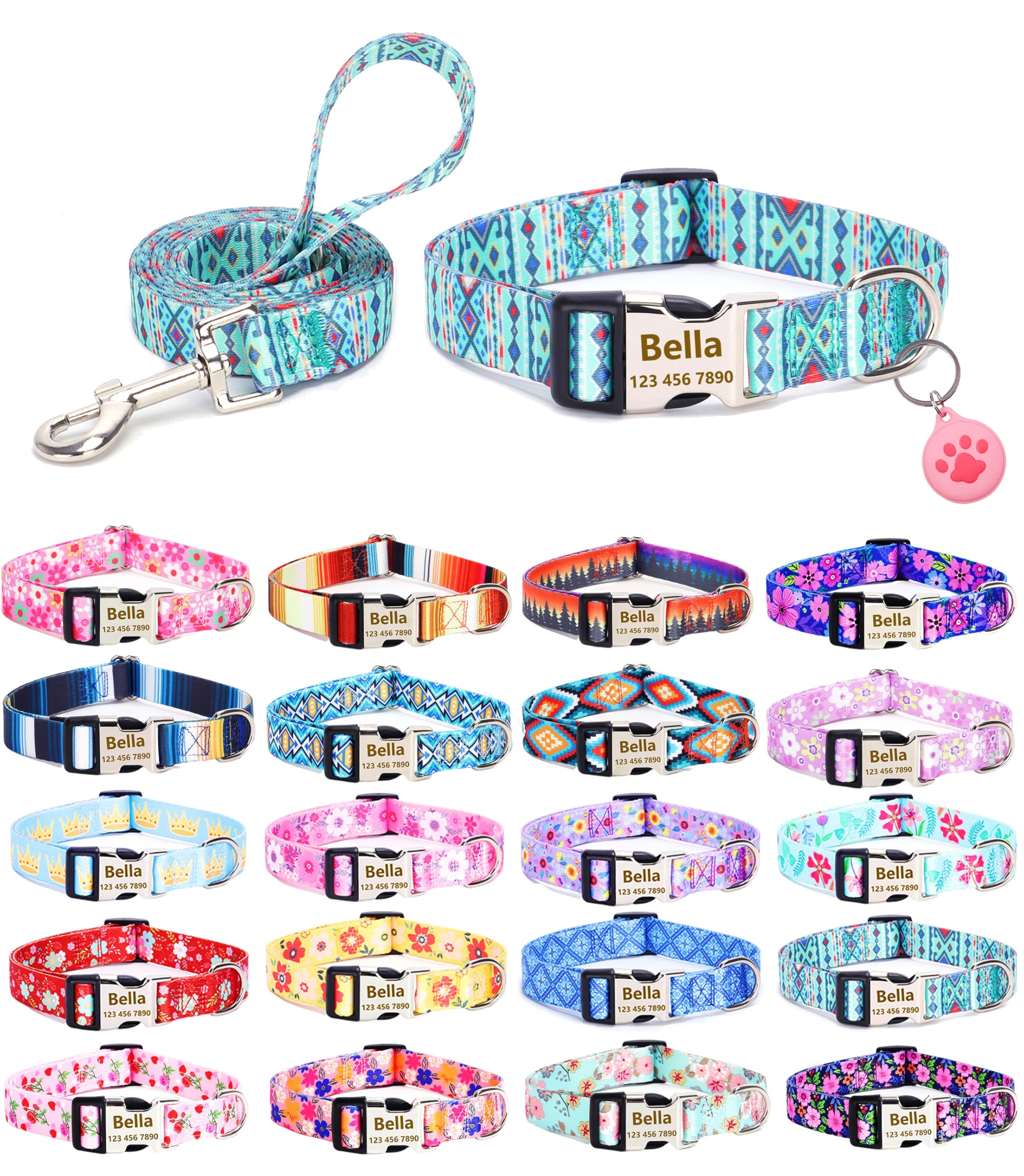 Moonpet Personalised Custom Customized Dog Collars Lead Airtag Holder Set with Name Phone Number for Puppy X-small Small Medium Large Boy Girl Dogs - Maya - L