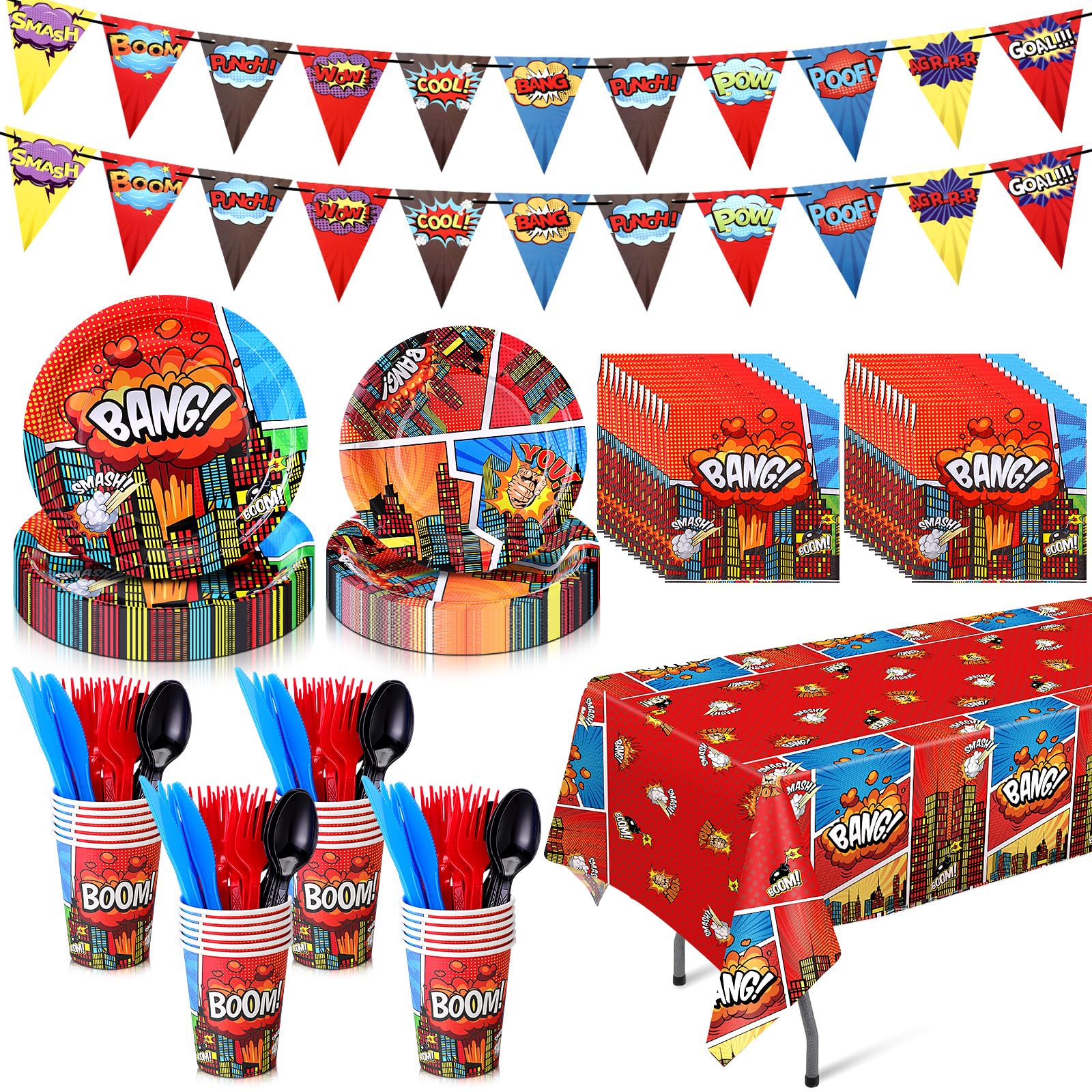 171 Pcs Hero Party Decoration Theme Banner Plates Napkins Cups Knives Forks Spoons Tablecloths Tableware Set Supplies for Birthday Hero Theme Party Decorations, Serves 24 Guests