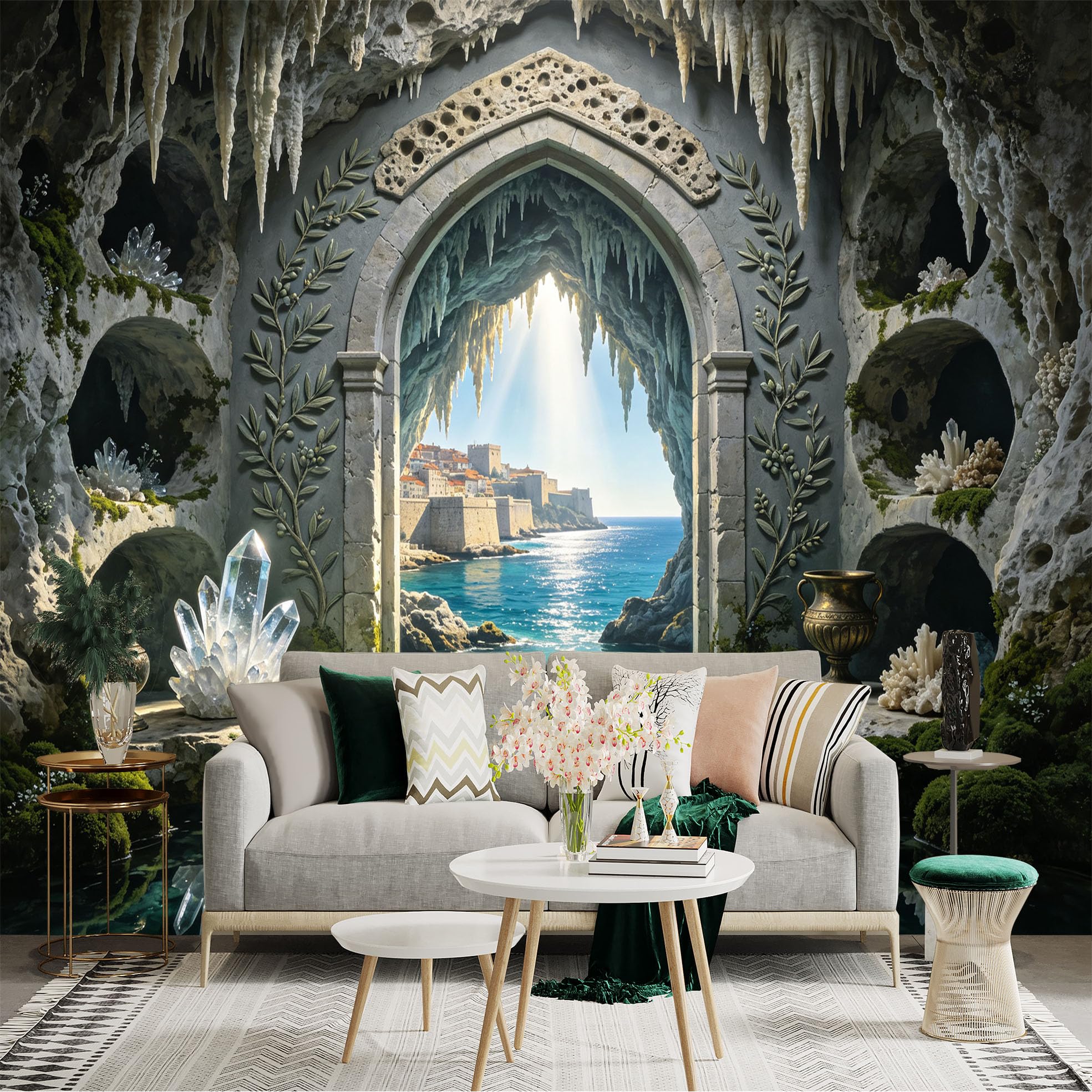 Custom Size Wall Sticker Mural， Fantasy Cave Seascape， Crystal Grotto， Coastal Archway， Ocean View， for wall Decoration， peelandstick wall Decals.