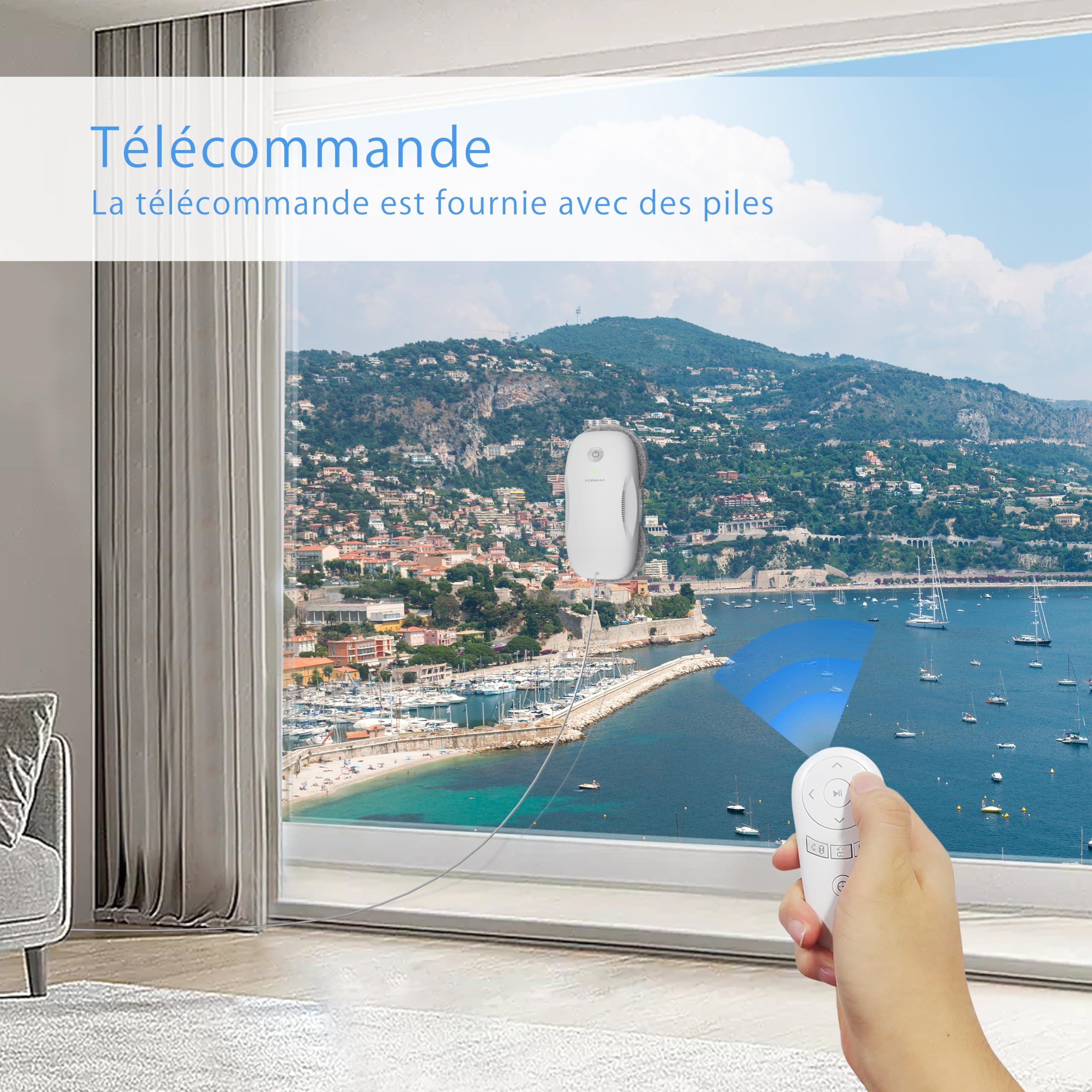 Tosima W2 Blanc Robot Nettoyeur vitre Automatique,Robot Nettoyeur de Vitres with 3800pa de Aspiration puissante,Triple système de sécurité,Lave à télécommand with 12 Chiffons