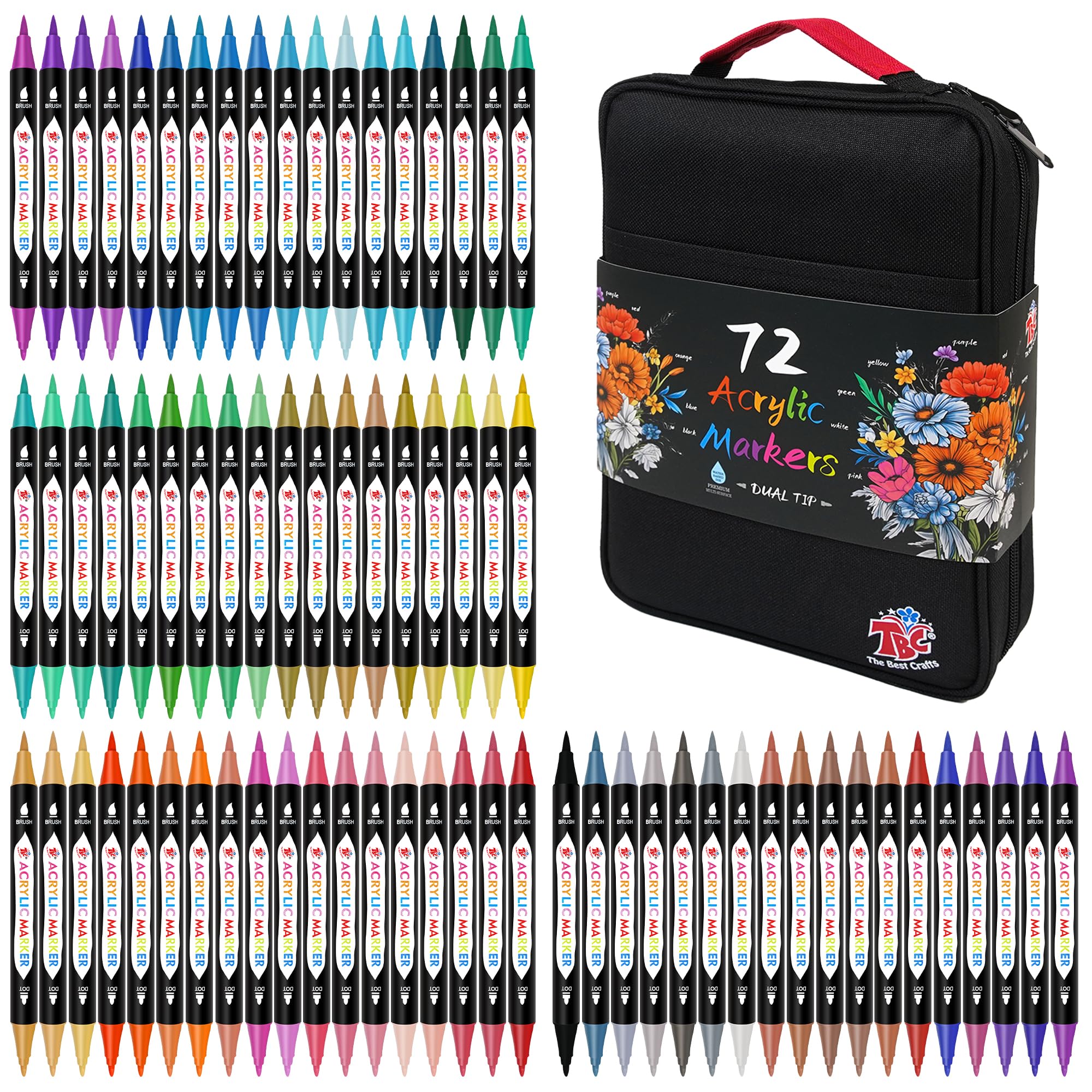Marqueurs de peinture acrylique, 72 couleurs à double pointe, sac en toile