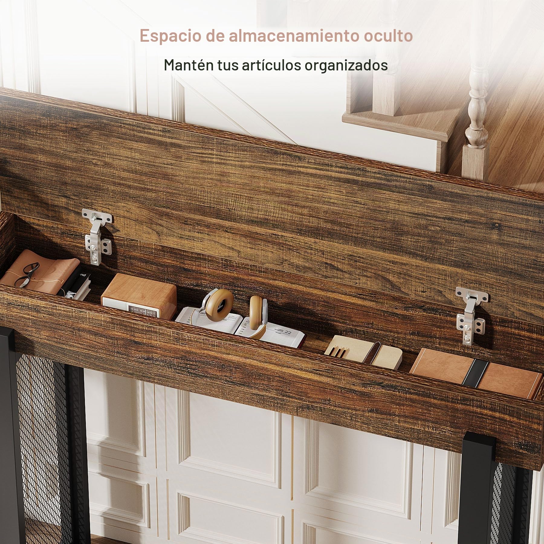 Tribesigns Mesa de consola de 105 cm con espacio de almacenamiento, mesa de entrada industrial pequeña con patas de metal, mesa auxiliar estrecha detrás del sofá, marrón rústico y negro