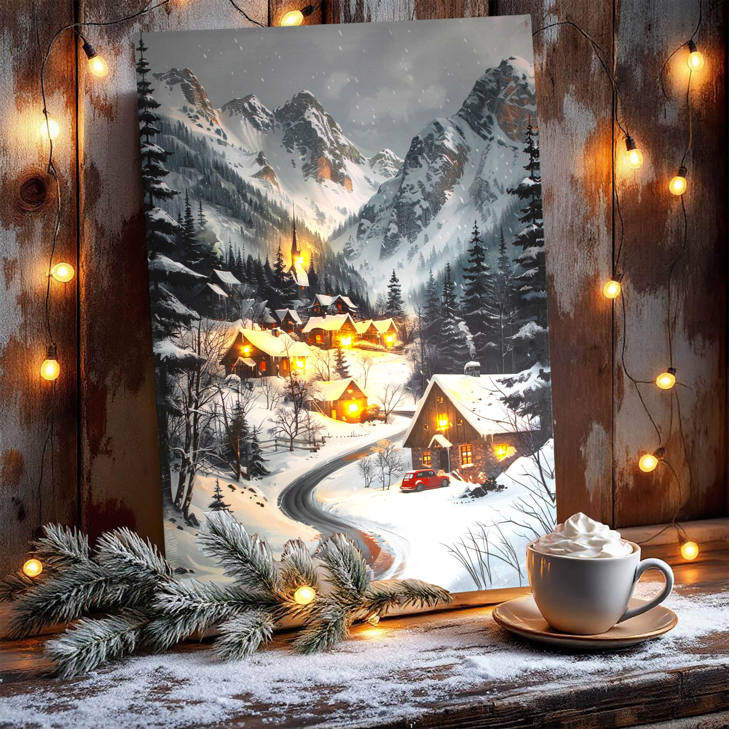 Spetebo Immagine natalizia da parete con illuminazione a LED alimentata a batteria - 58 x 38 cm - Immagine di villaggio invernale su tela illuminata in bianco caldo - Decorazione natalizia da parete
