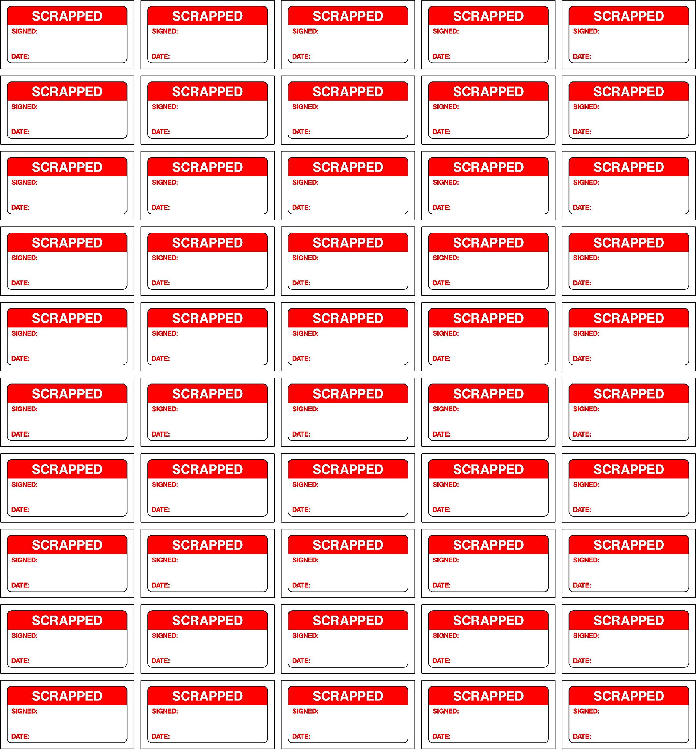 Quality control labels Scrapped, signed and date - 50 Stickers 40mm x 20mm