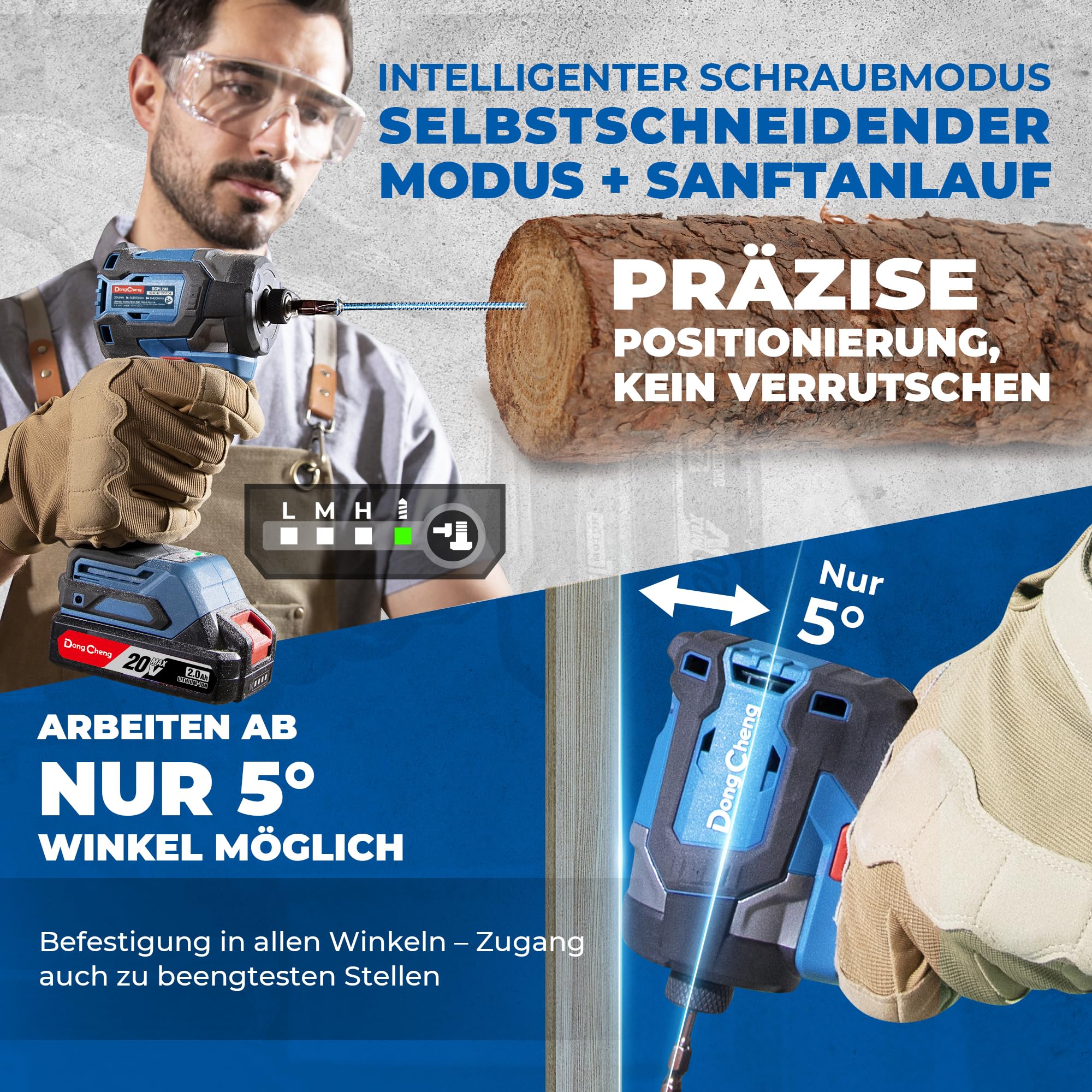 Dong Cheng 20V Bürstenloser Schlagschrauber, 208Nm Akku-Schlagschrauber, Selbstschneidend-Modus, 3200U/min, 4300IPM, 1/4" Sechskantfutter, 3 Geschwindigkeitsstufen, mit 2 * 2,0 Ah Akkus