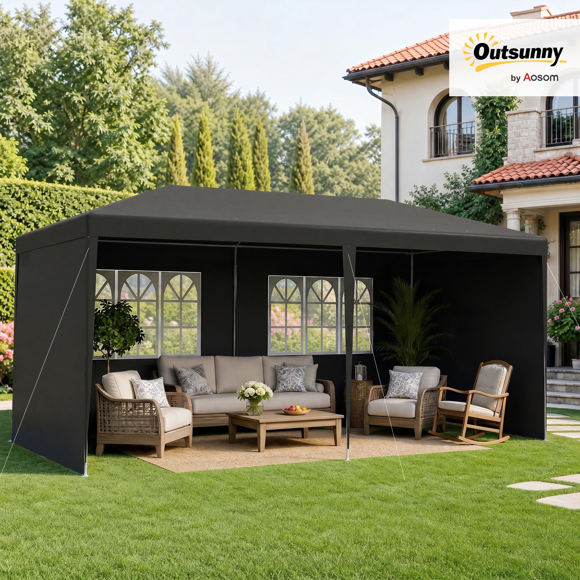 Outsunny 6 x 3 m pawilon imprezowy na zewnątrz, zadaszenie tarasu, schronienie z oknami i ścianami bocznymi, ciemnoszary
