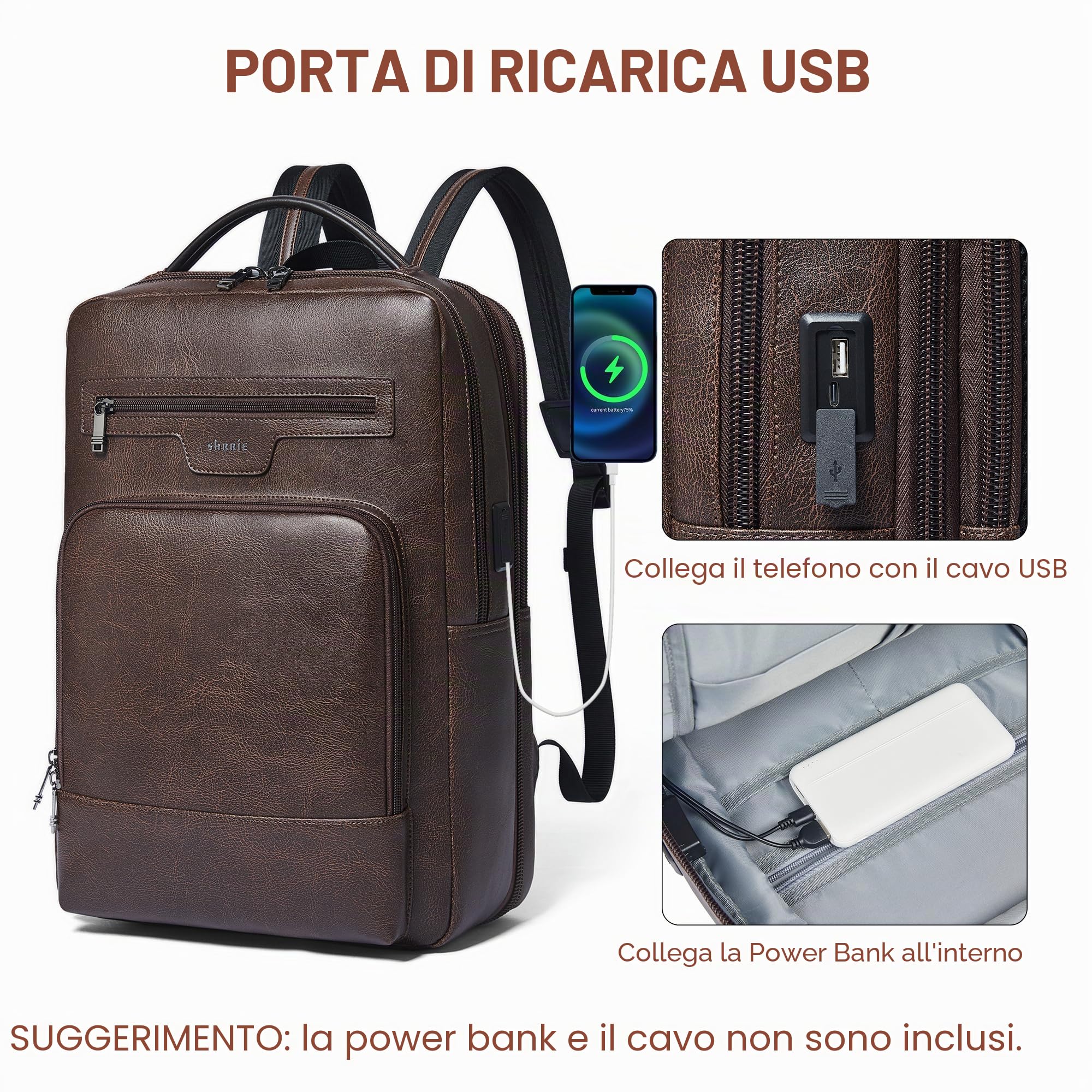 Shrrie cuoio laptop zaino per donne e uomini, 16 pollici impermeabile computer zaino, con connessione di ricarica USB，28 L estensibile lavoro Business Weekender College,Caffè