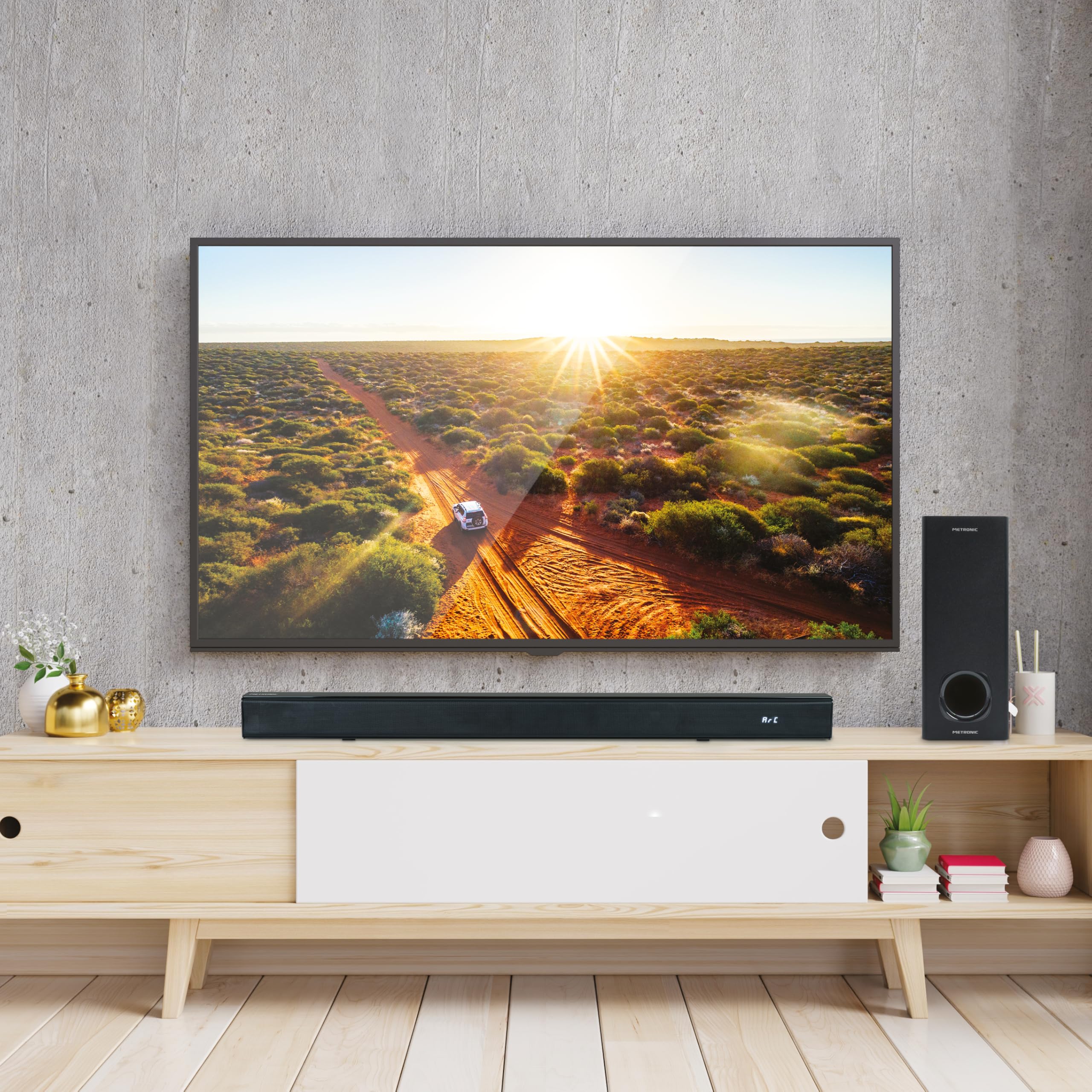 Metronic 477592 - Barra de Sonido Bluetooth v5.3 con subwoofer con Cable, para PC o TV, 180W, Estereo 2.1, Tomas Audio TV, USB, AUX, óptica, Montaje Mural, Mando a Distancia