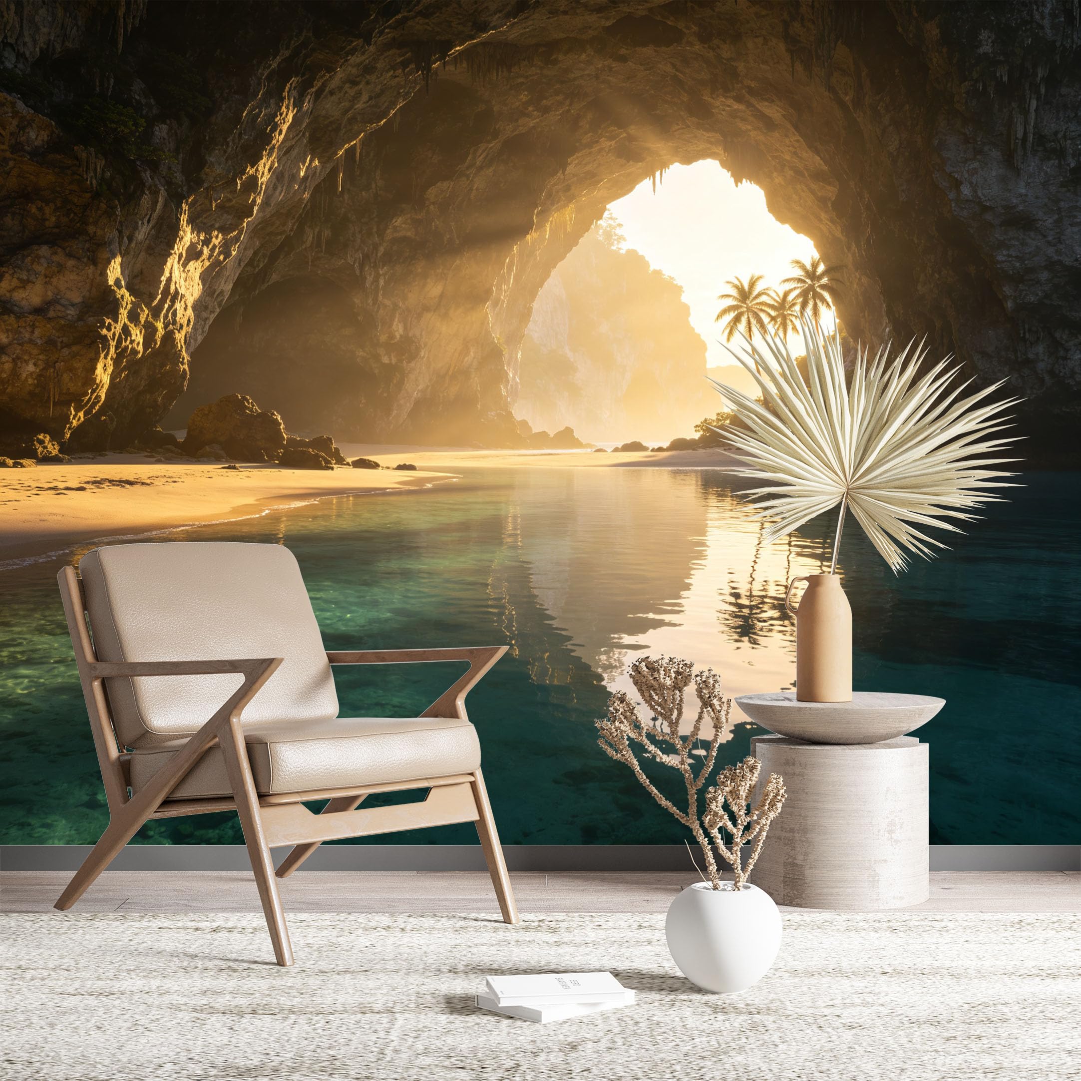 Custom Size Wall Murals Tropical Beach Cave at Sunrise Wall Murals Ocean Scenery Wallpaper Full Wall Self-Adhesive Removable Wallpaper for Living Room Bedroom