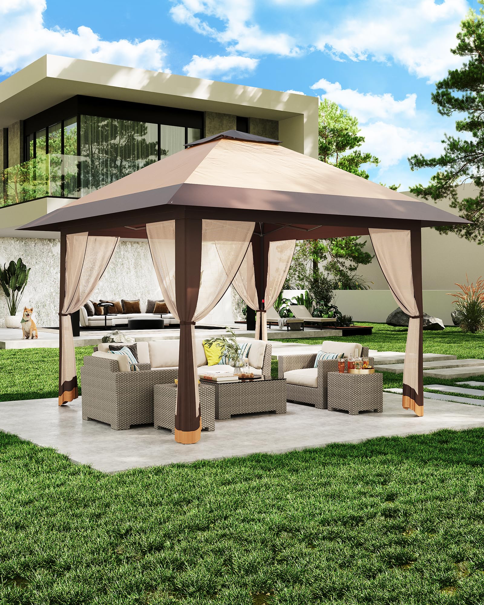 13x13FT Pop Up Gazebo with Mosquito Net & Double Roof, Outdoor Canopy Shelter, Backyard Canopy Tent, Adjustable Height for Camping, Beach,Patio, Party