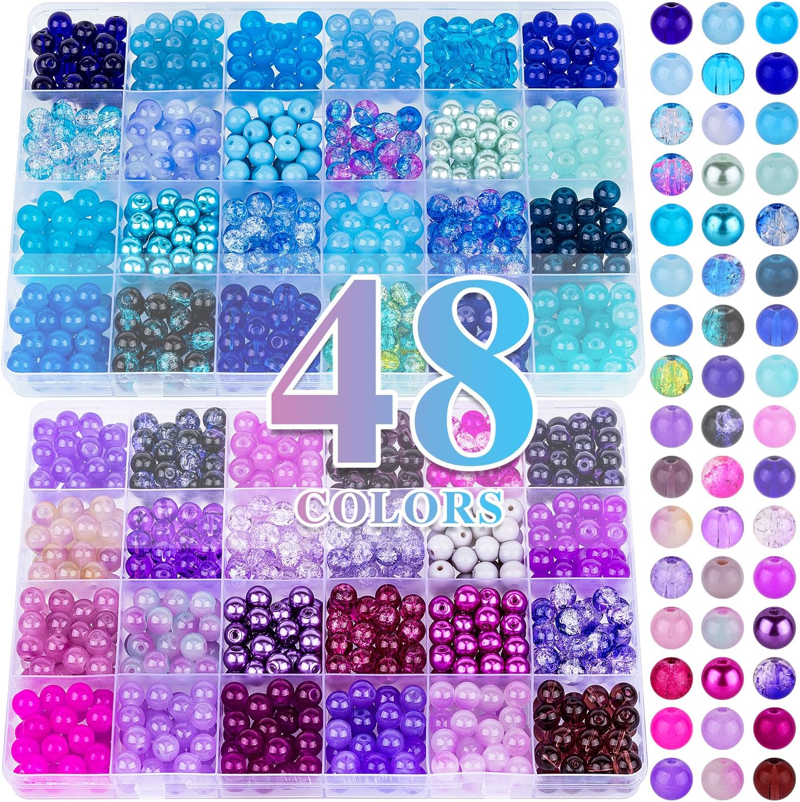 XSEINO About 1200PCS 8mm Glass Beads Bracelet Making Kit，48 Assorted Dreamy Purple and Blue Series Colorful Crystal Beads for Making and DIY Crafts