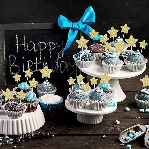 Miniatura 3 de Gyufise 42 piezas de adornos de estrella para cupcakes con purpurina dorada montados con estrella centelleante, para boda, compromiso, despedida de