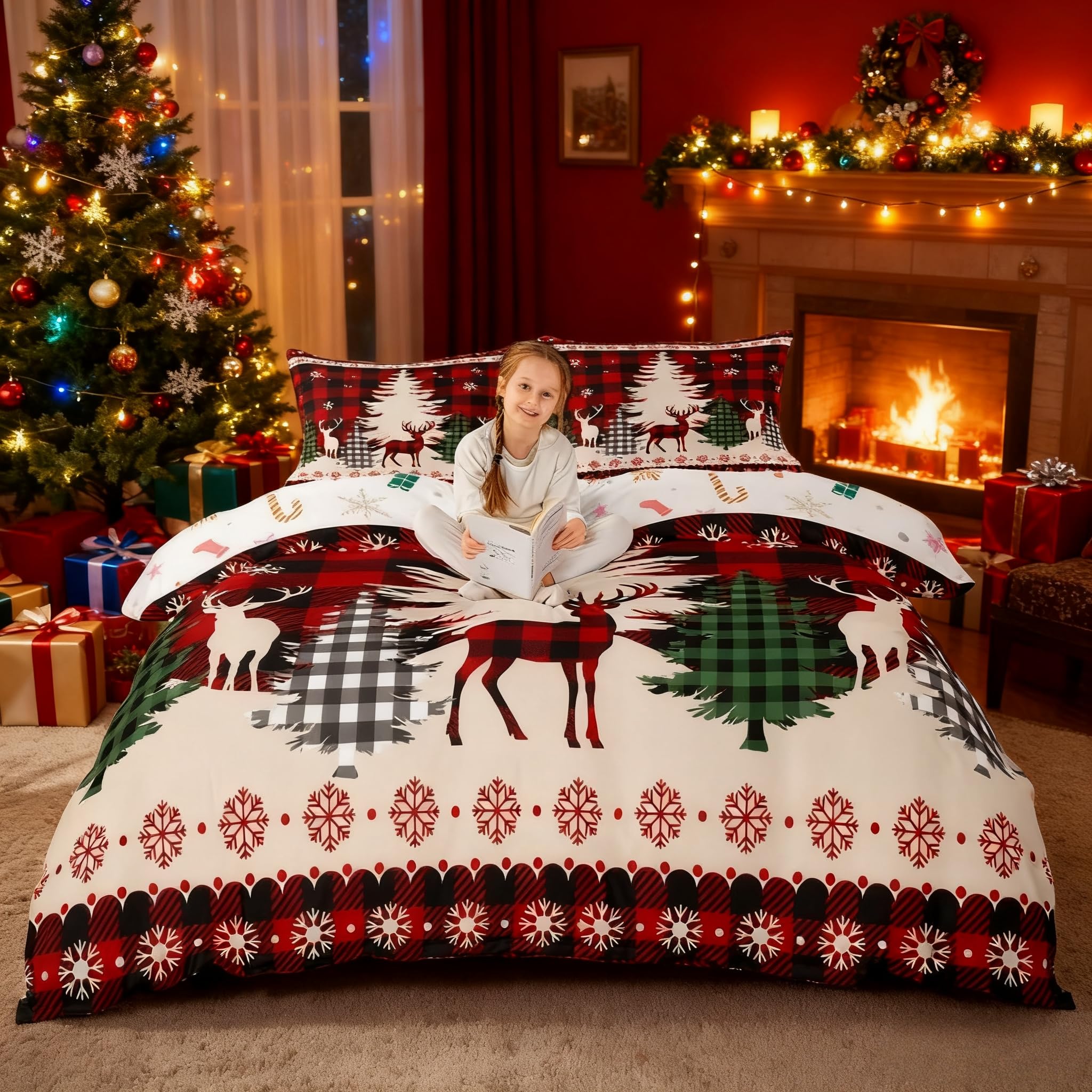 Parure de lit enfant et adulte motif cerf flocon de neige pour décoration de chambre de Noël