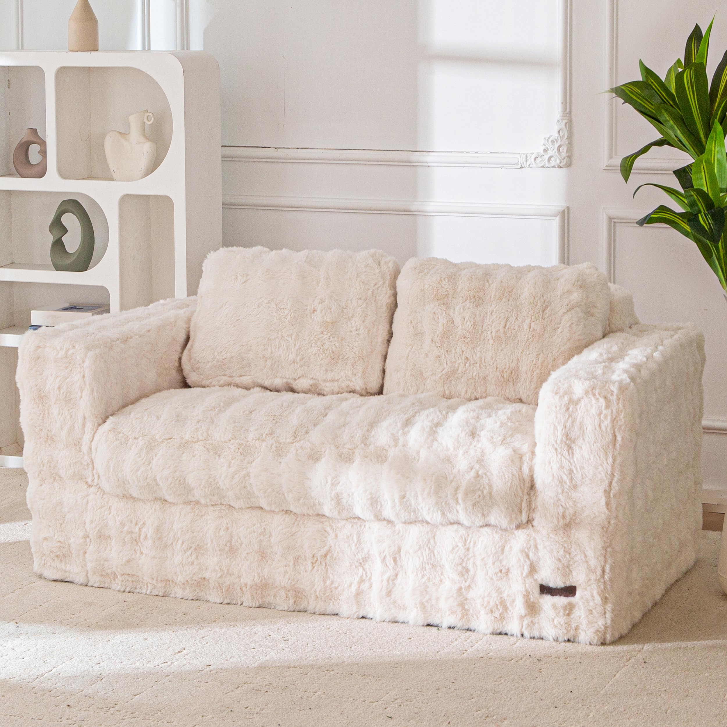 MAXYOYO Loveseat Sofa for Living Room, Small Sofa Couch Tufted Boneless Couch, Comfy Bean Bag Chair for Small Space Bedroom Apartment, No Assembly Needed, Beige Loveseat Beige