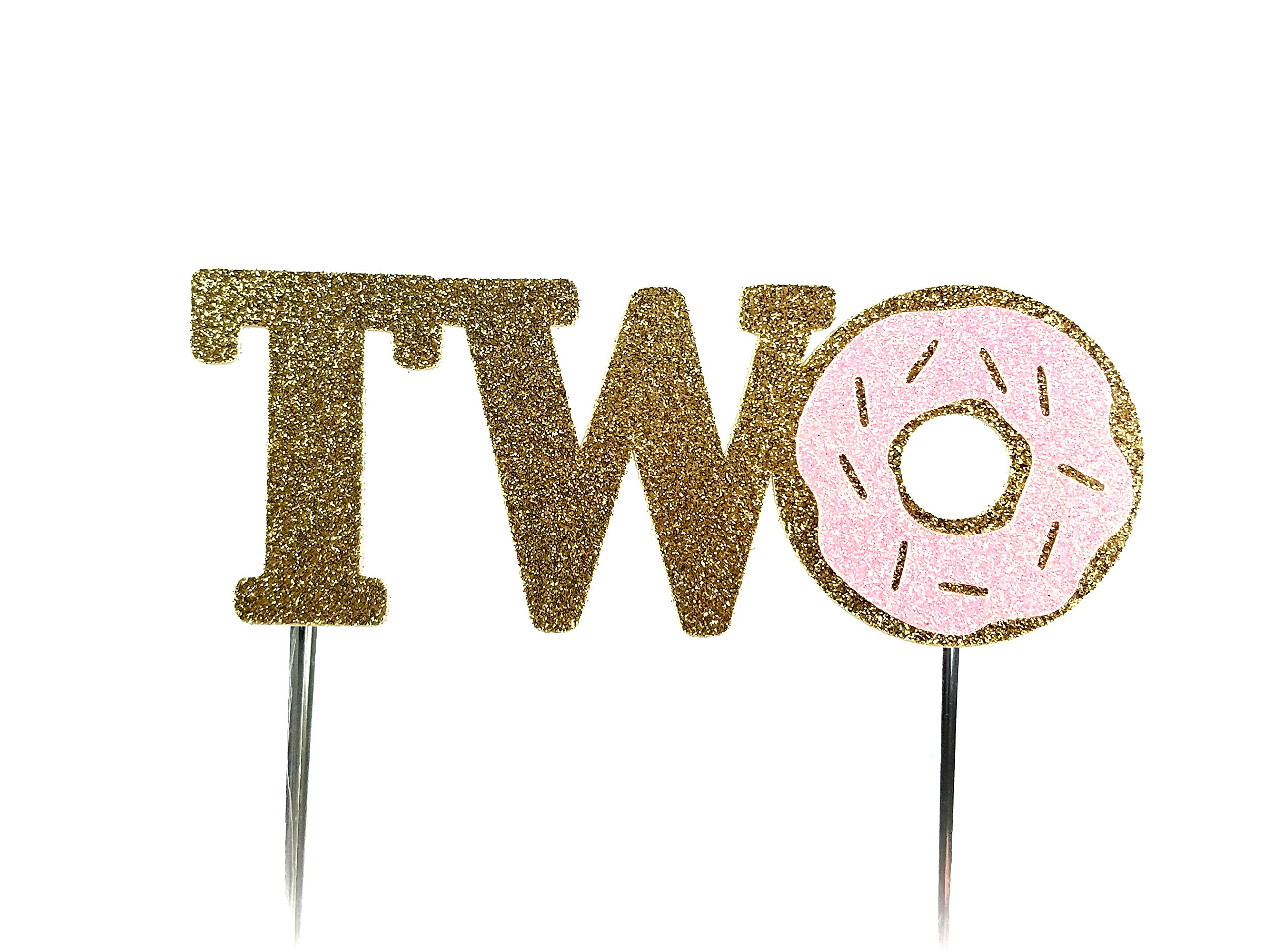 CMS Design StudioHandmade 2nd Second Donut Birthday Cake Topper Decoration - Two - Made in USA with Double Sided Gold Pink Glitter Stock