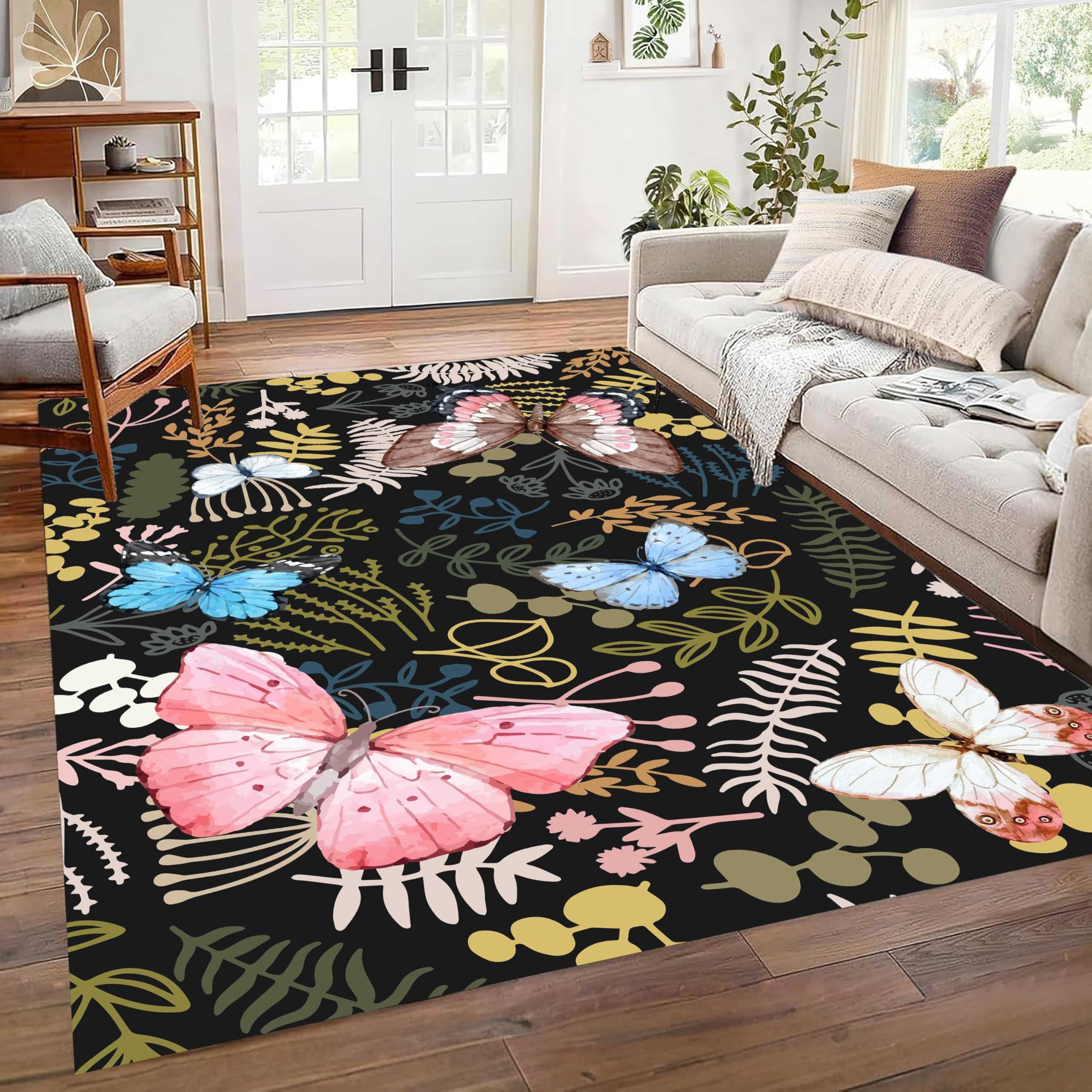 Vintage Area Rugs, 180x260cm Colorful Butterfly Plants, Tropical Leaves Artistic Aesthetic Decorative Rugs, Non-Slip Washable Rustic Farmhouse Large Area Rugs, Pet Child Carpet for Living Rooms