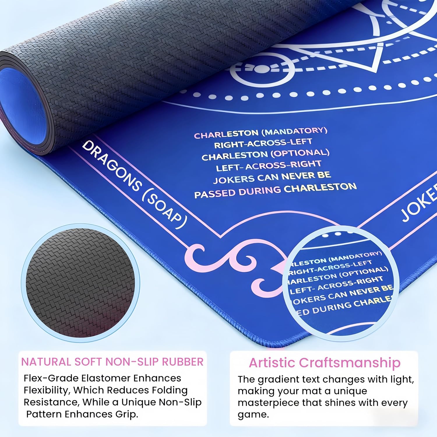 bestcool Luxurious Iridecent Mahjong Mat with Rules for Table, Holographic, Unfolded American Mahjong Mat with Instructions, Anti-Slip, Odorless, Free of PAHs, Mahjong Gift for Women