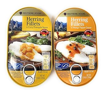Deutsche Kuche Canned Herring Fillets, Curry Pineapple and Mango Pepper Sauce, 7.05 oz each, 2 pack