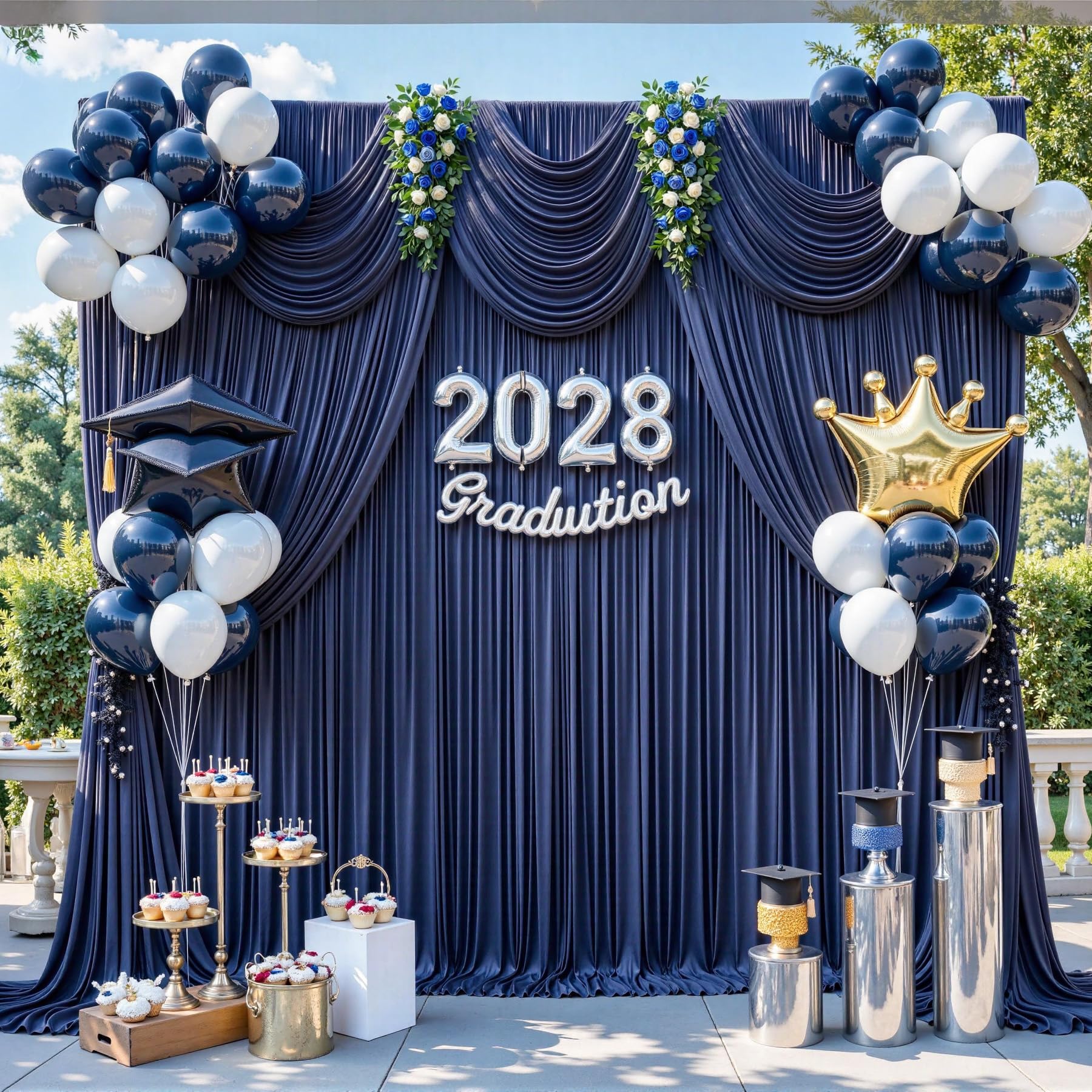 Photo 1 of 10x8ft Navy Blue Photo Backdrop Curtains for Parties Birthday Wrinkle Free Polyester Photoshoot Curtains Drapes Backdrop for Wedding Baby Shower Graduation Photography Background 2 Panels 5x8FT