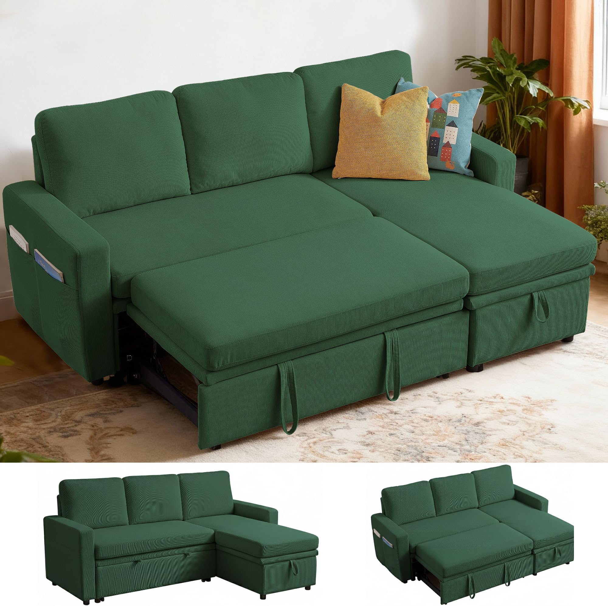 Sectional Sofa Bed, Convertible Sleeper Sofa with Storage Chaise, L-Shape Modern Polyester 3 in 1 Pull Out Couch Bed for Living Room, Green