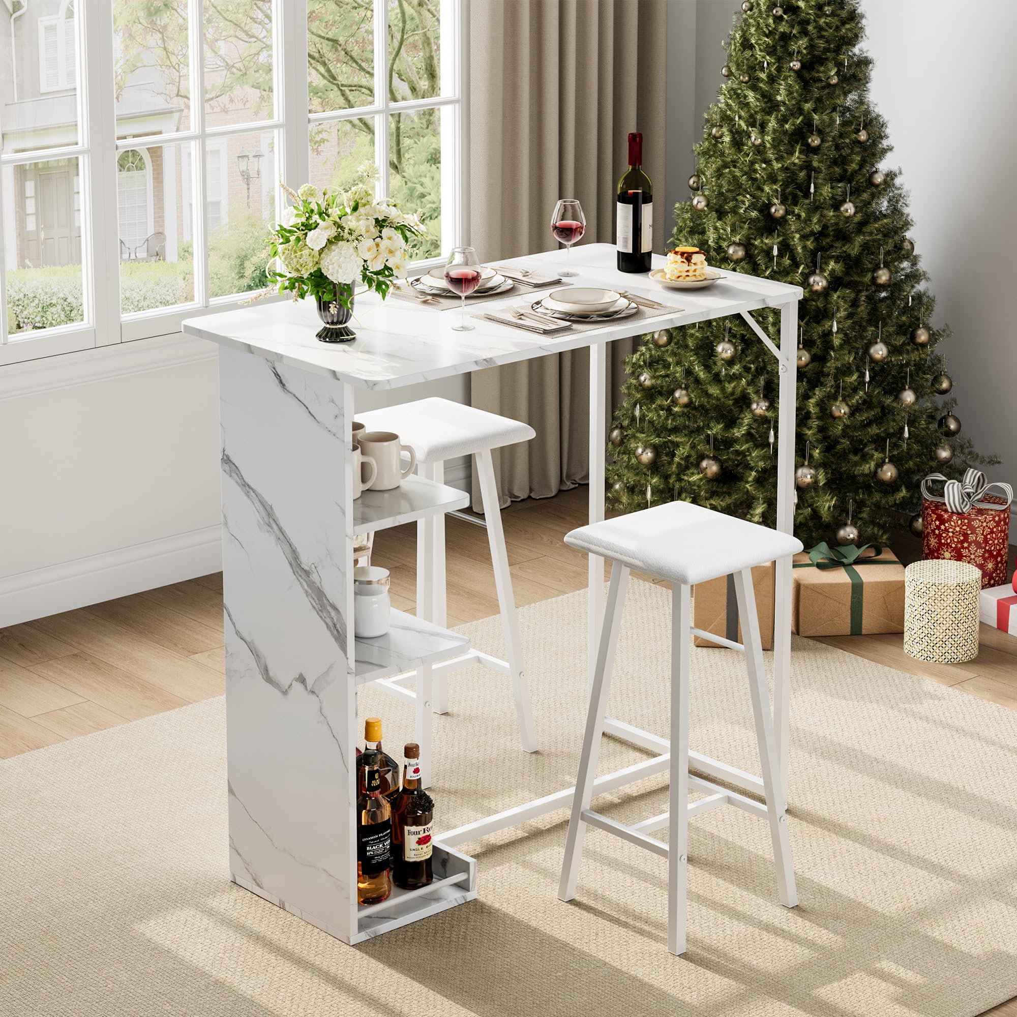 Litake Bartisch Set, Tresentisch mit 2 PU Barhocker, Esstisch Stehtisch mit Weinglashalter & Ablage, Küchentisch im Industrie-Stil, Stehtisch für Bar, Bistro & Wohnzimmer,Marmor Weiß